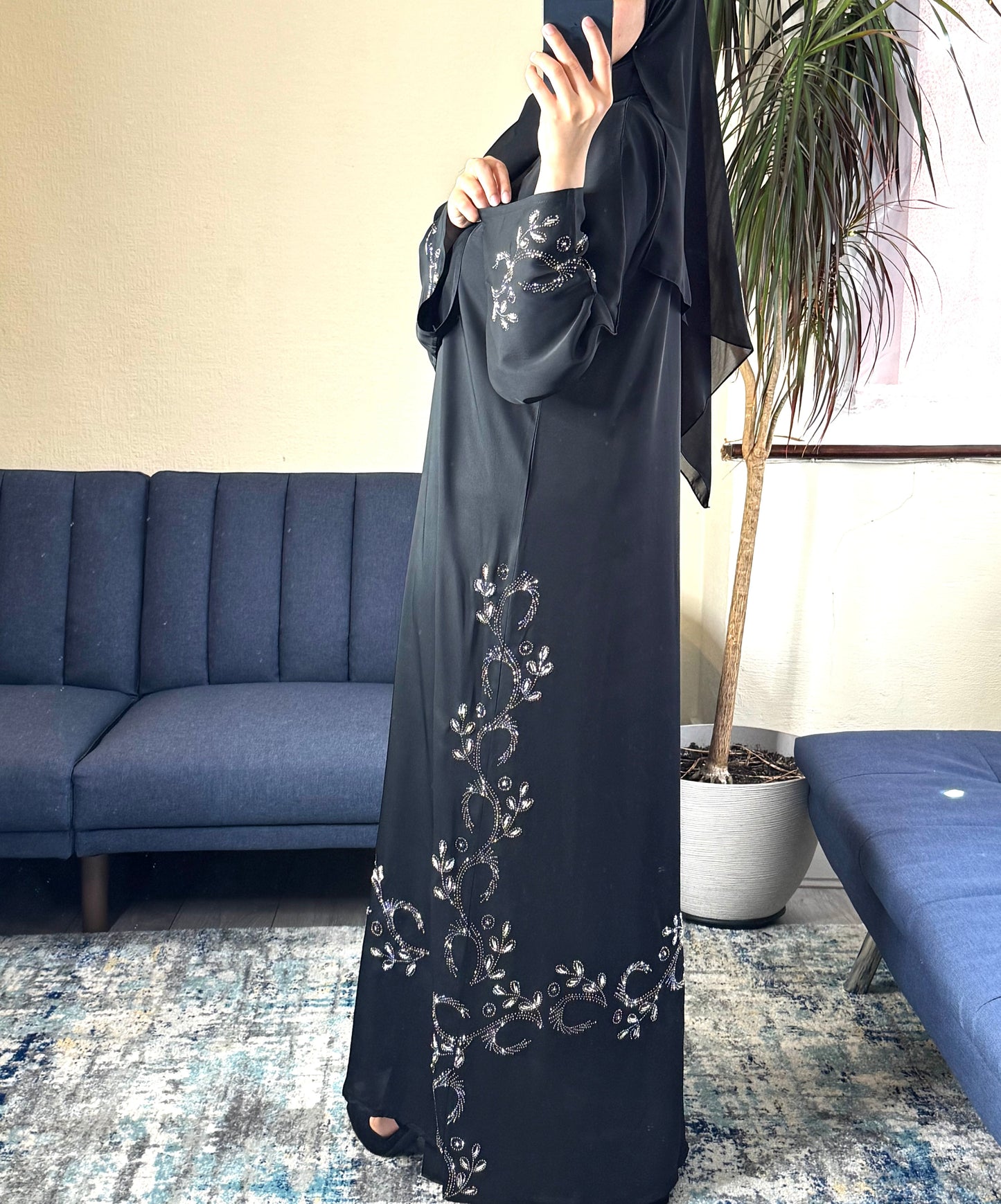 Black Embellished Abaya with Matching Scarf