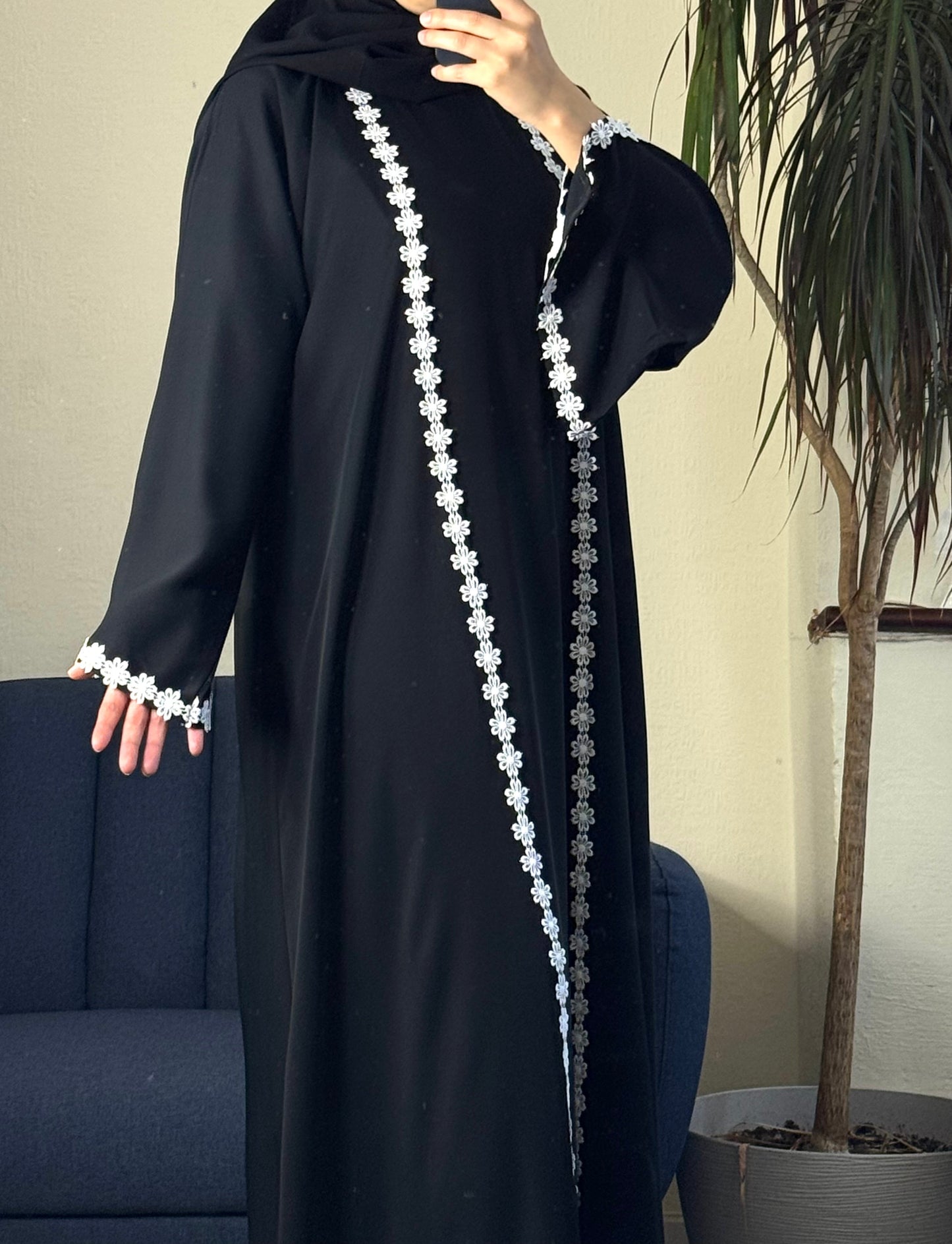 Black Nida Daisy Lace Open Abaya Set with Inner, Scarf & Belt