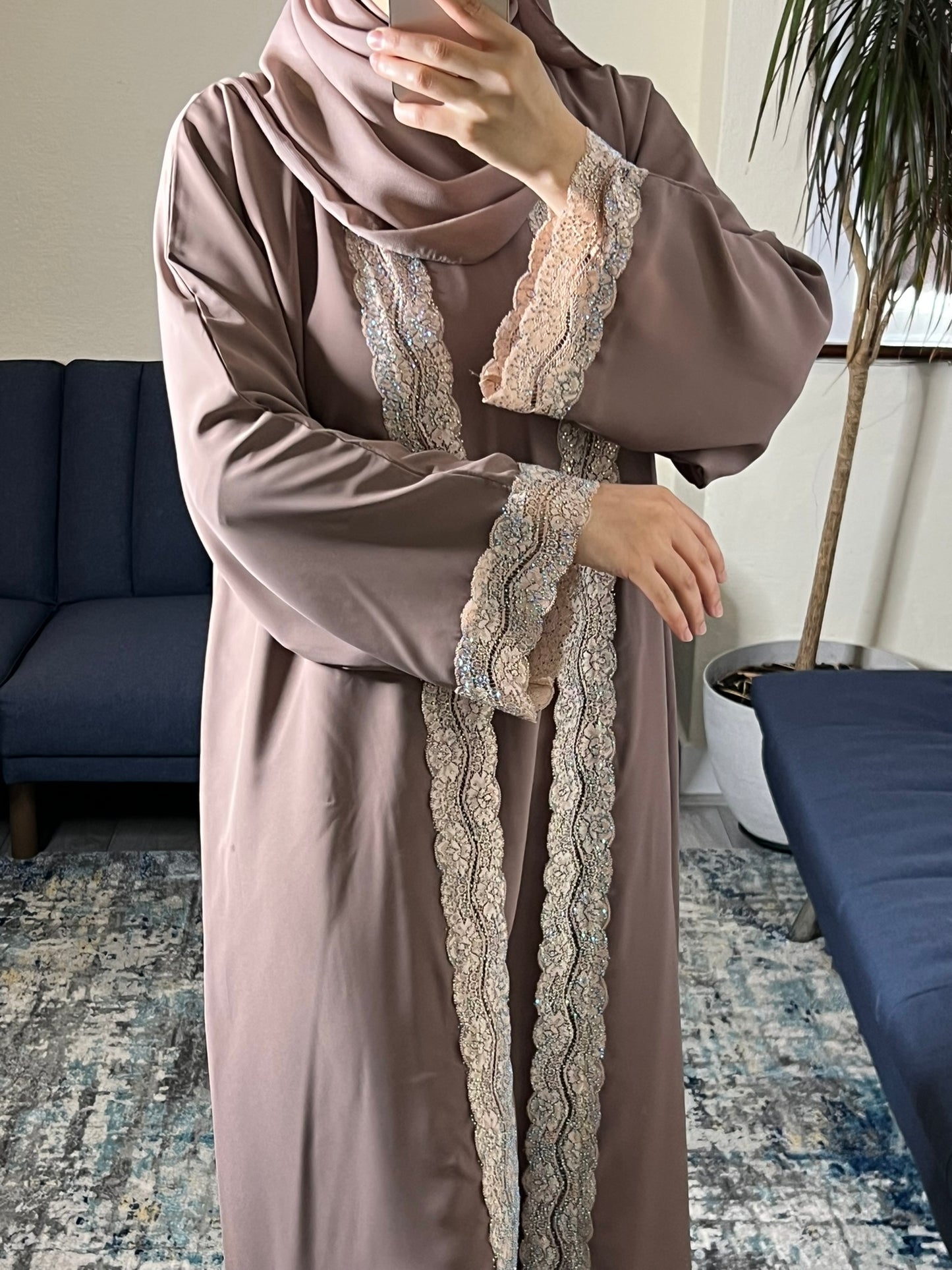 Taupe Abaya with Gold Lace Detailing