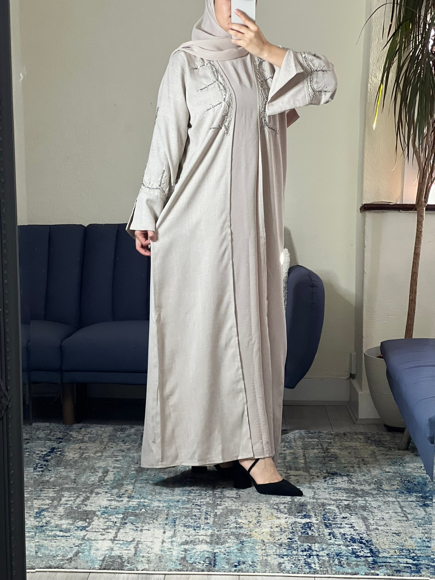 Beige Two-Piece Abaya Set with Scarf & Belt