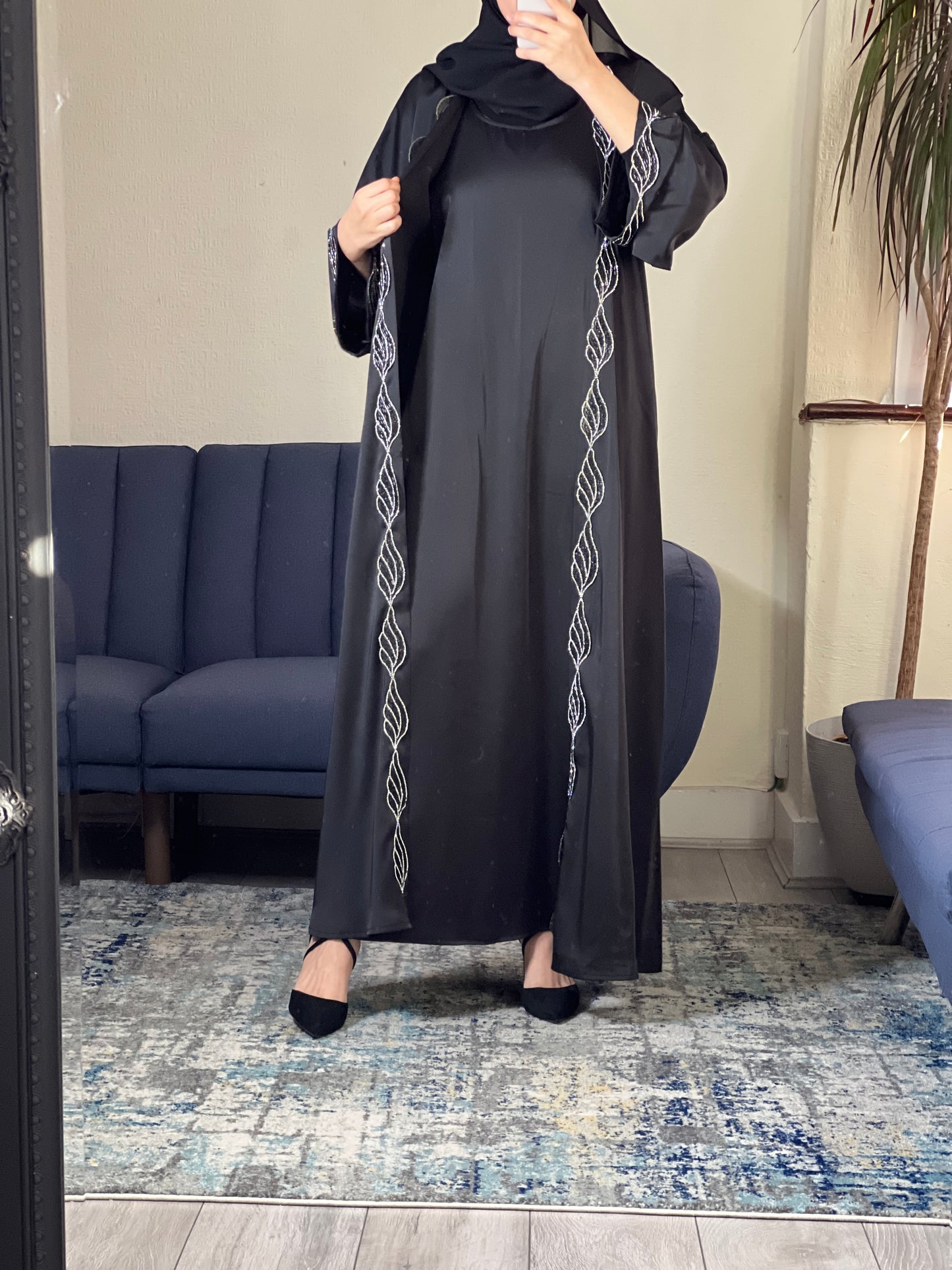 Elegant Black Abaya with White Embroidered Detail