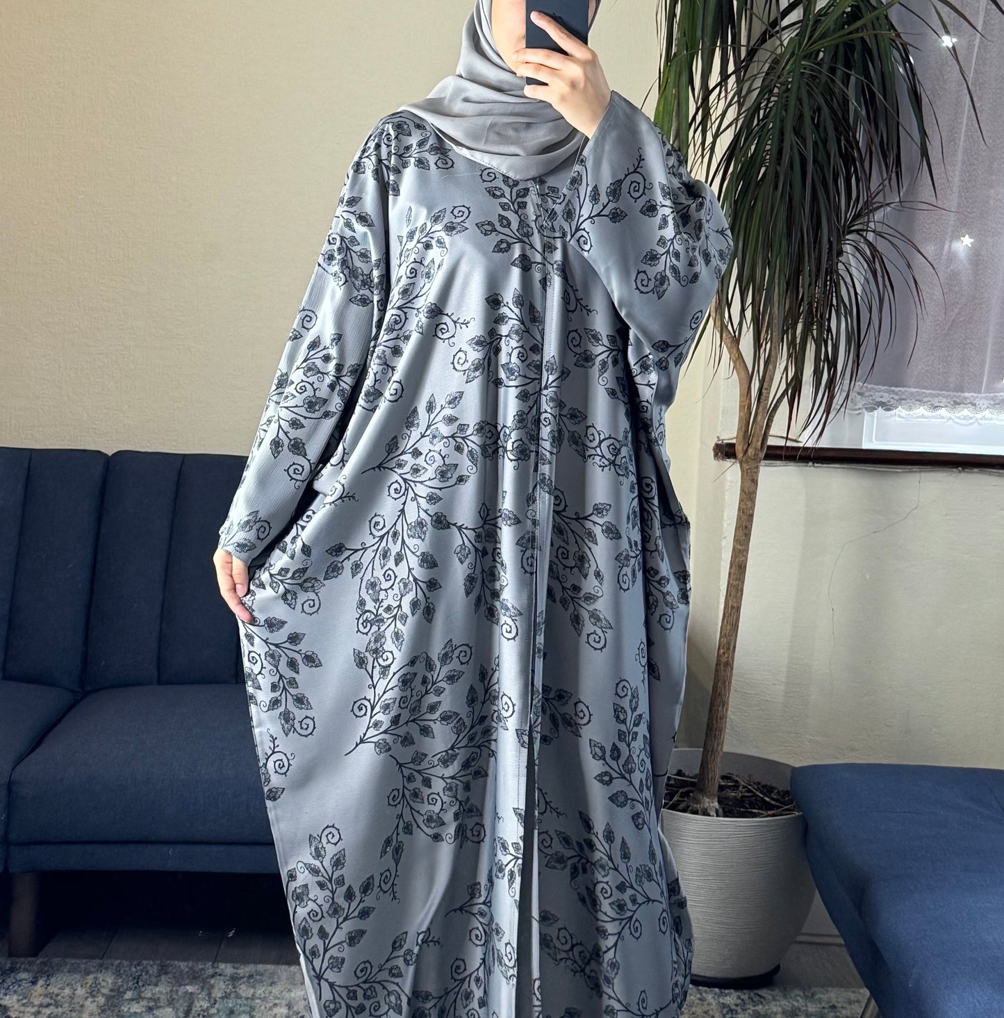 Grey Floral TikTok Fabric Abaya