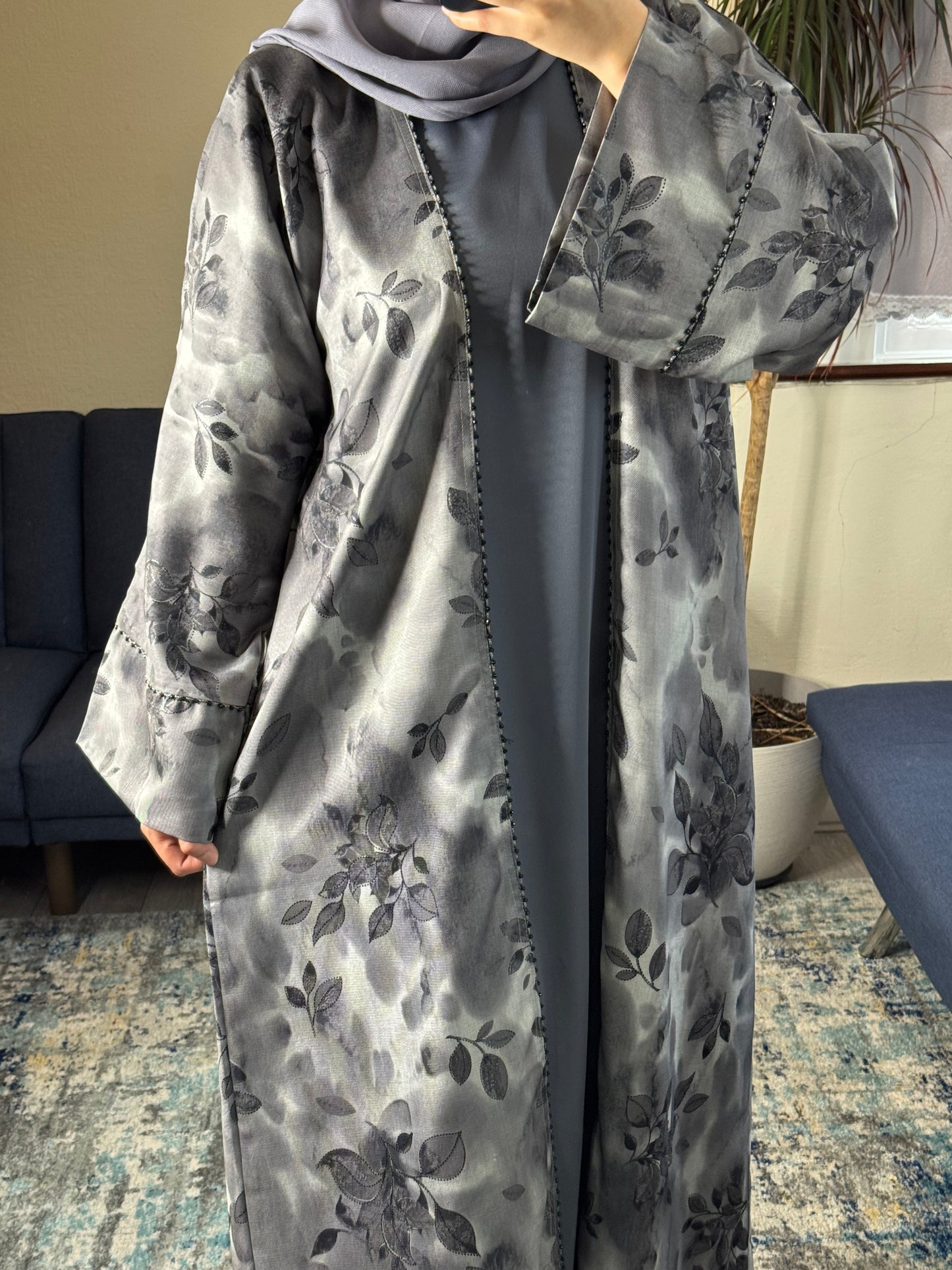 Grey Floral Satin Open Abaya Set