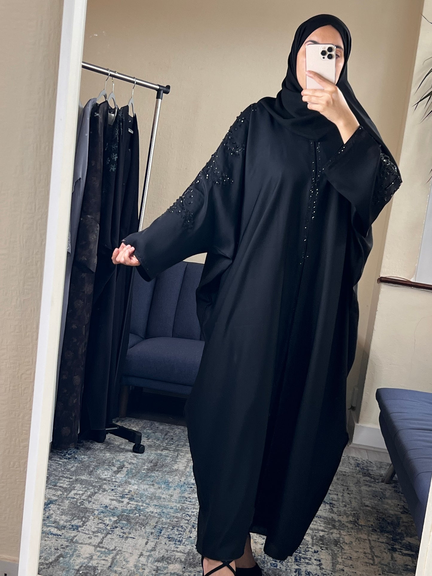Embellished Batwing Abaya with Scarf - Black