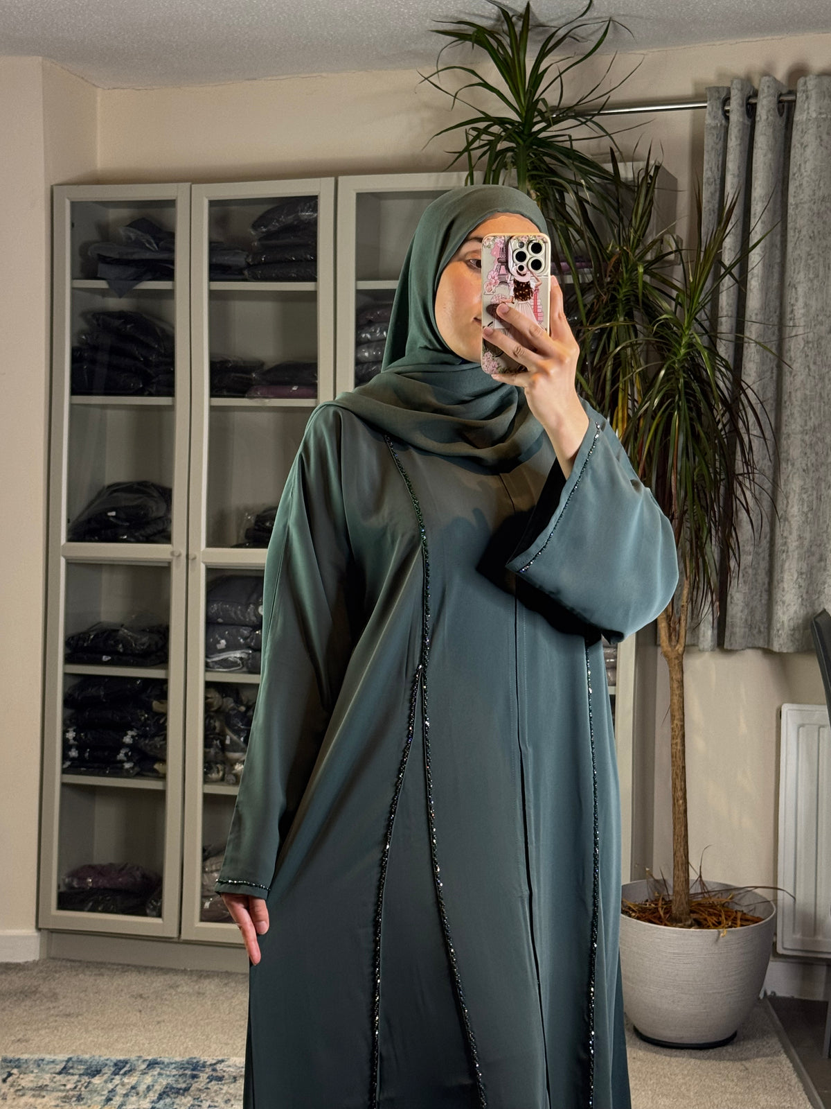 Crystal Line Abaya Set — Teal Green