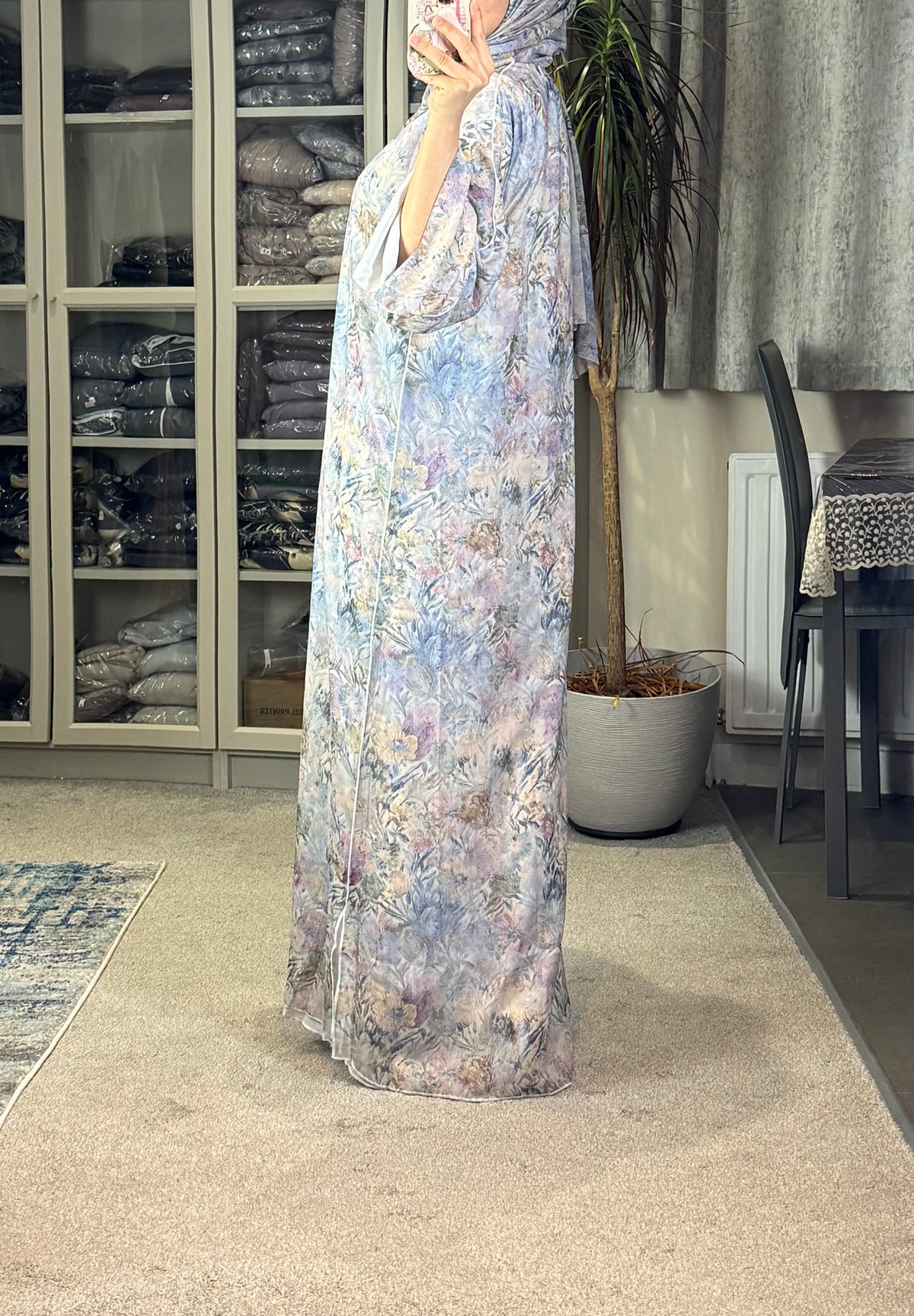 Botanical Dream Open Abaya Set — Dusty Blue Floral