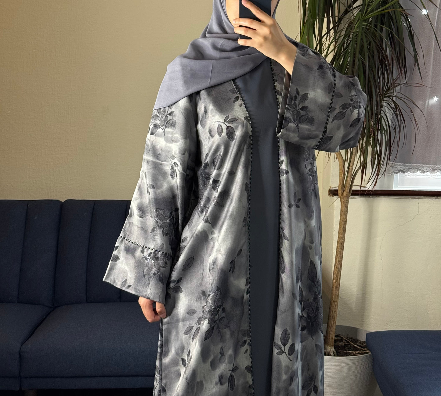 Grey Floral Satin Open Abaya Set