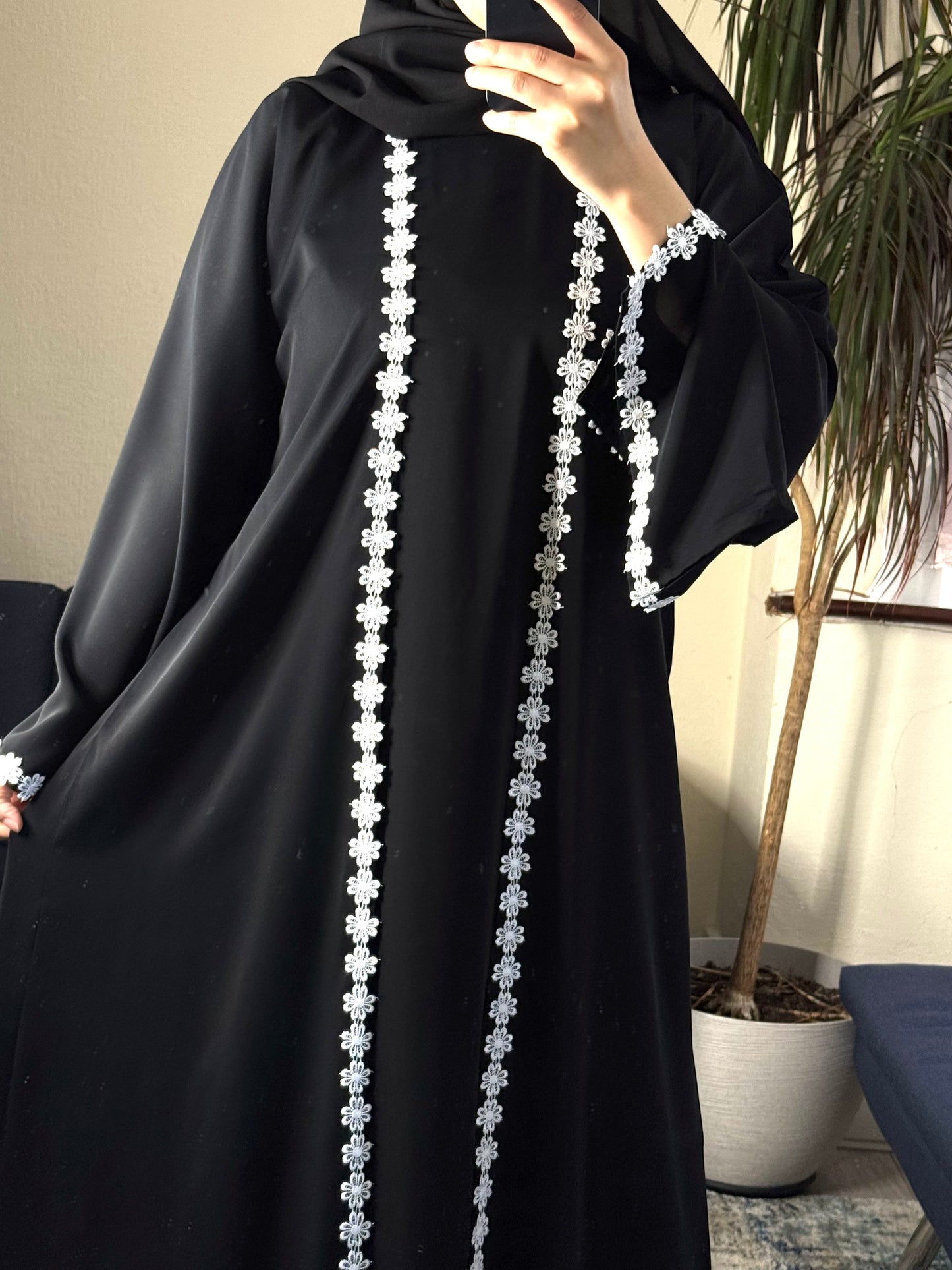 Black Nida Daisy Lace Open Abaya Set with Inner, Scarf & Belt