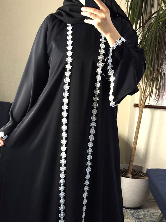 Black Nida Daisy Lace Open Abaya Set with Inner, Scarf & Belt
