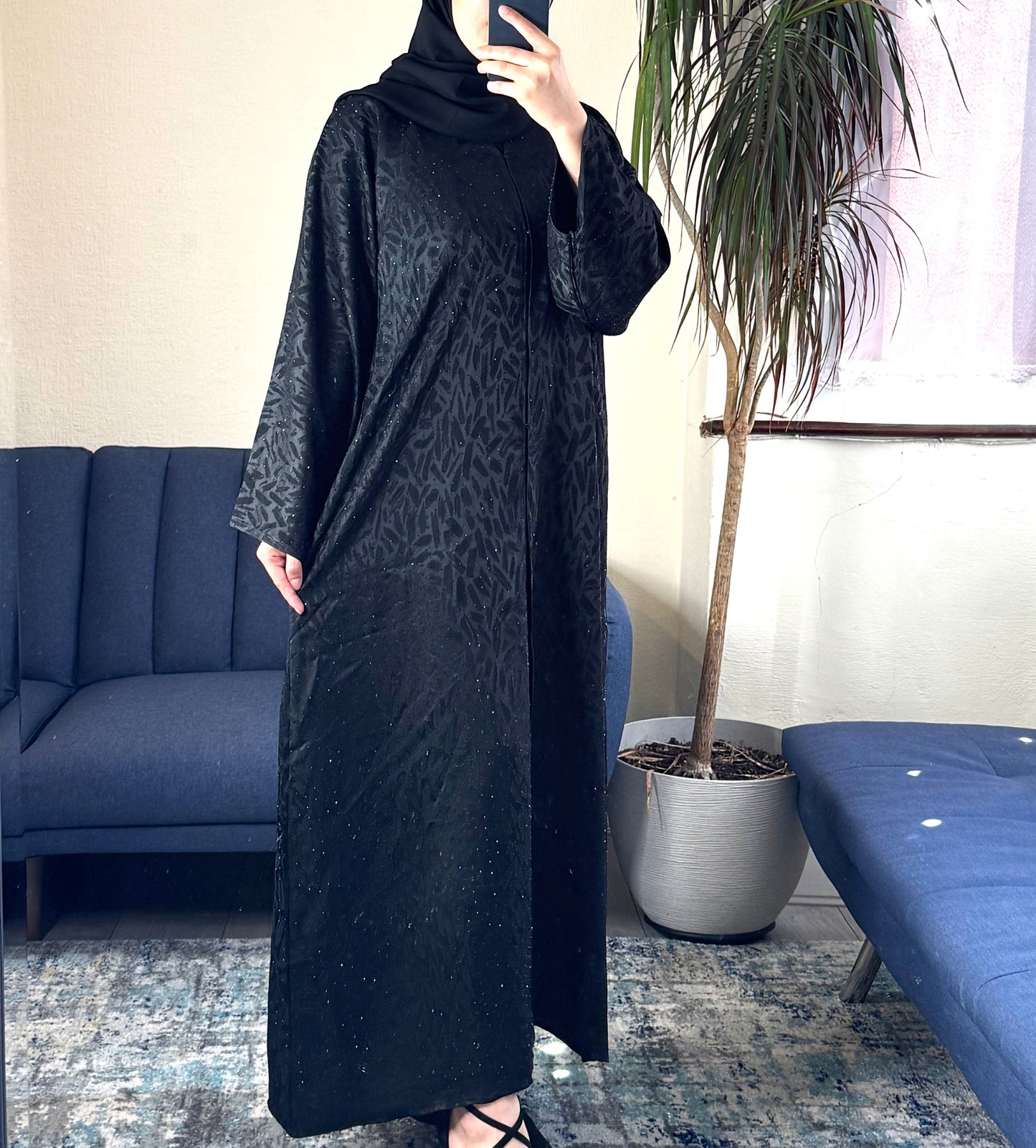 Black Jacquard Shimmer Open Abaya