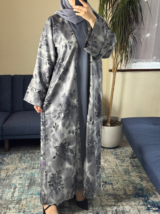 Grey Floral Satin Open Abaya Set