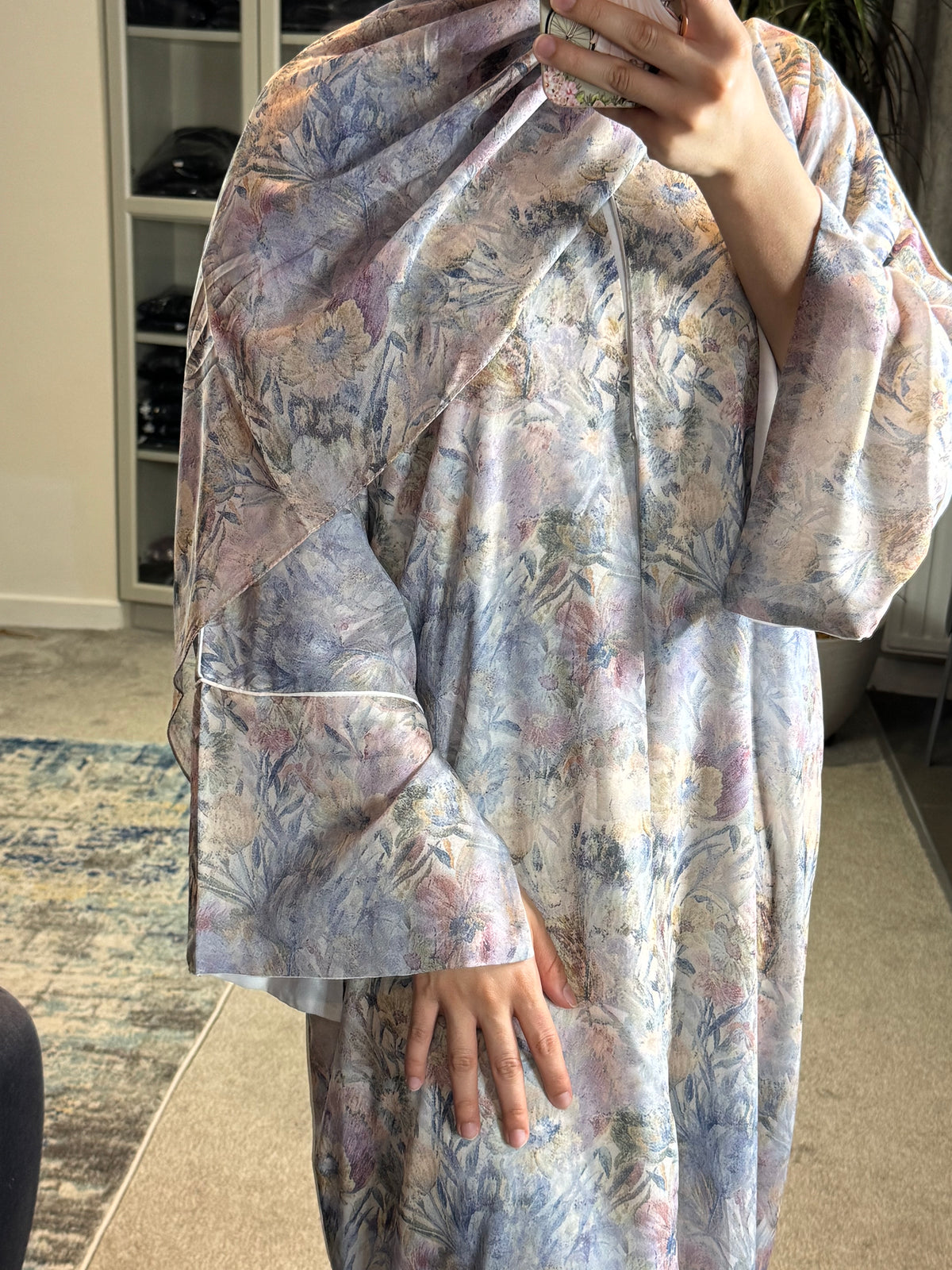 Botanical Dream Open Abaya Set — Dusty Blue Floral