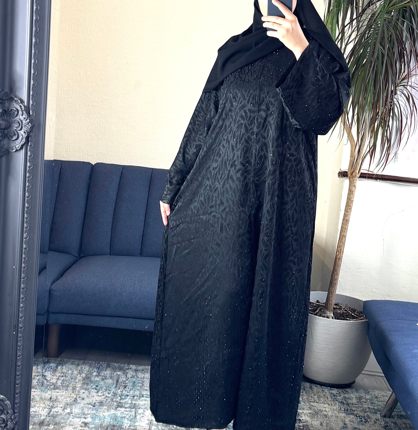 Black Jacquard Shimmer Open Abaya