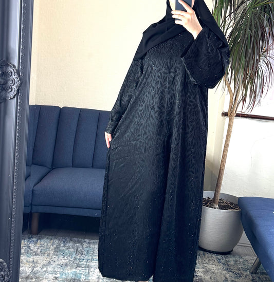 Black Jacquard Shimmer Open Abaya