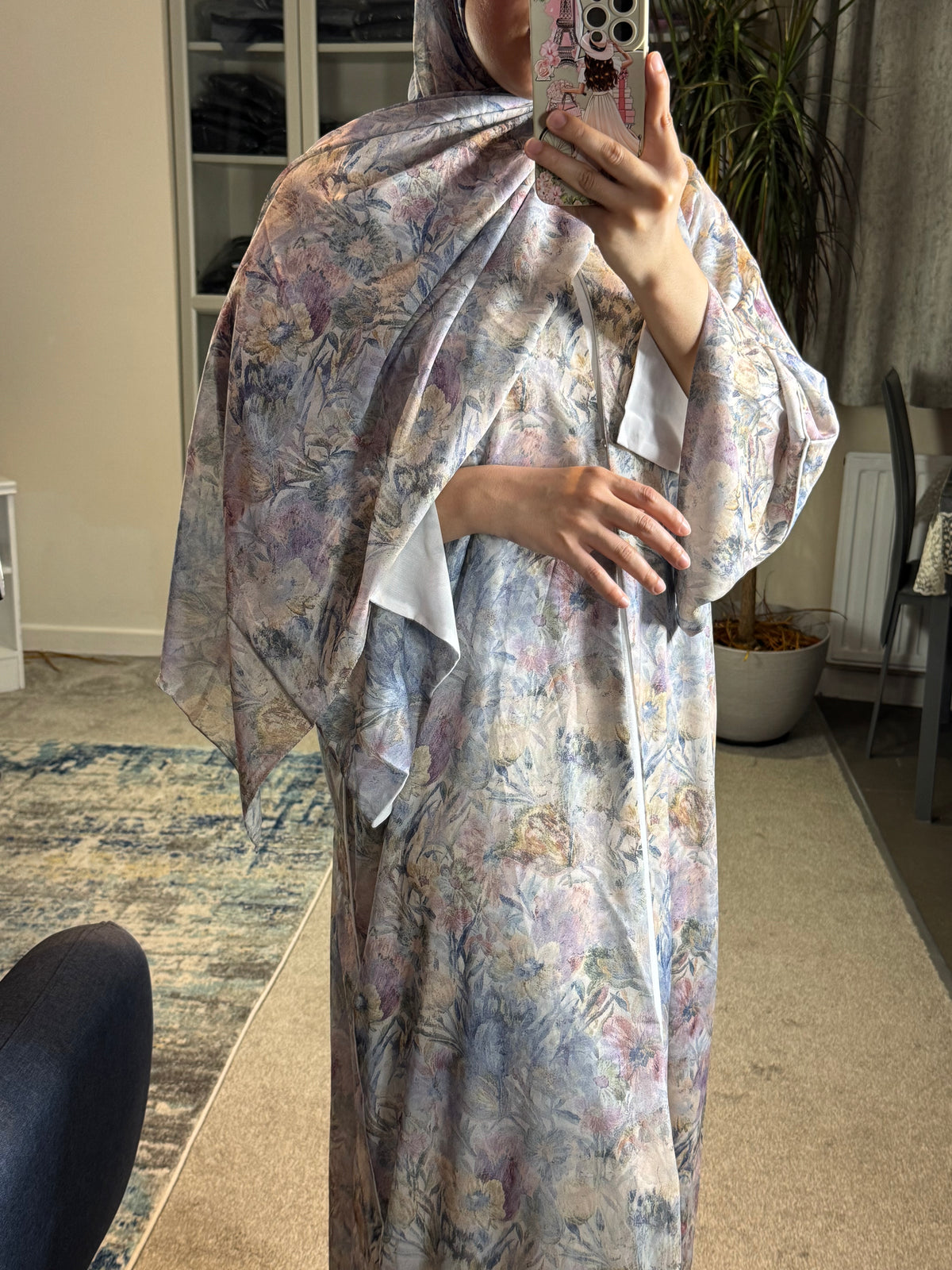 Botanical Dream Open Abaya Set — Dusty Blue Floral