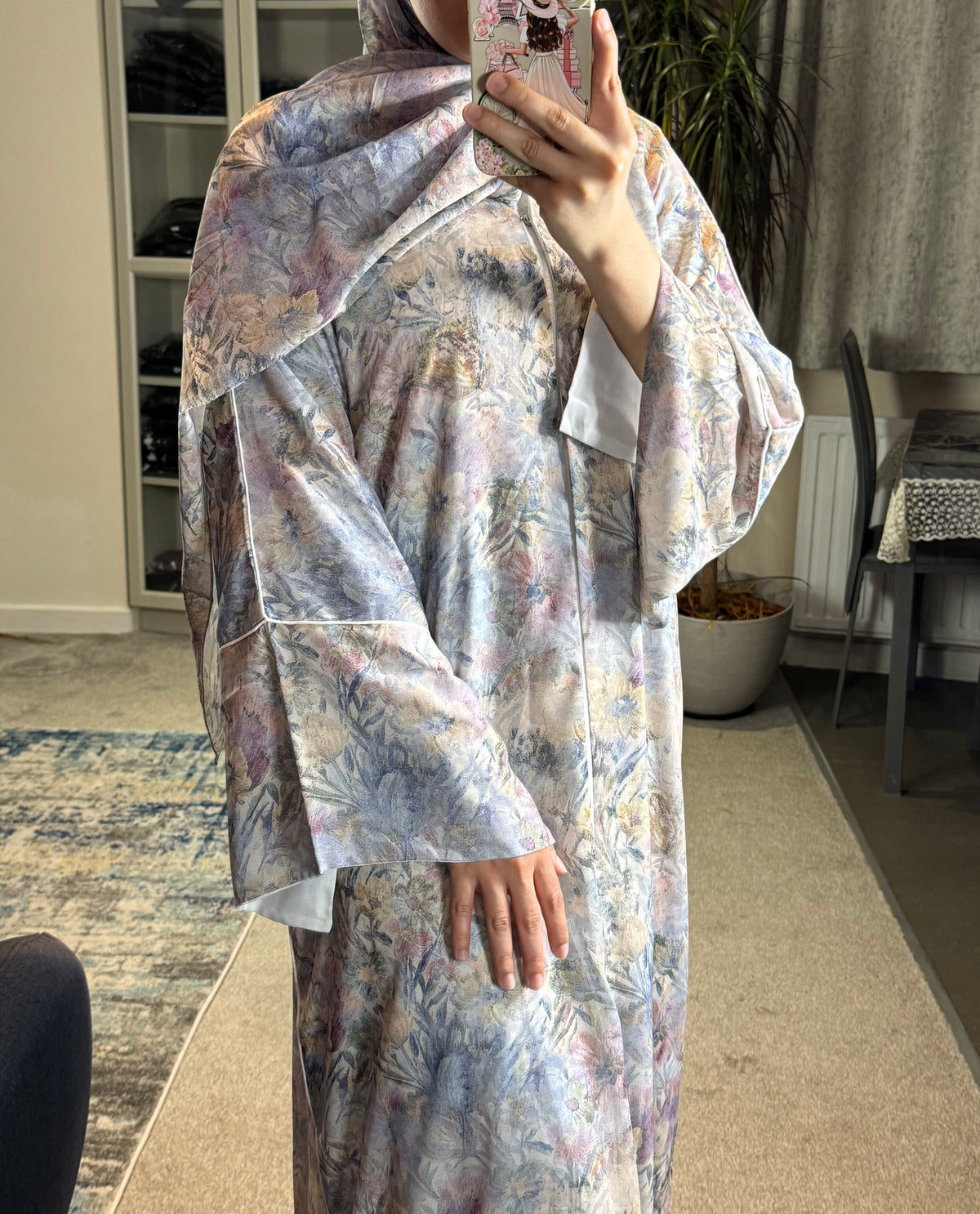 Botanical Dream Open Abaya Set — Dusty Blue Floral