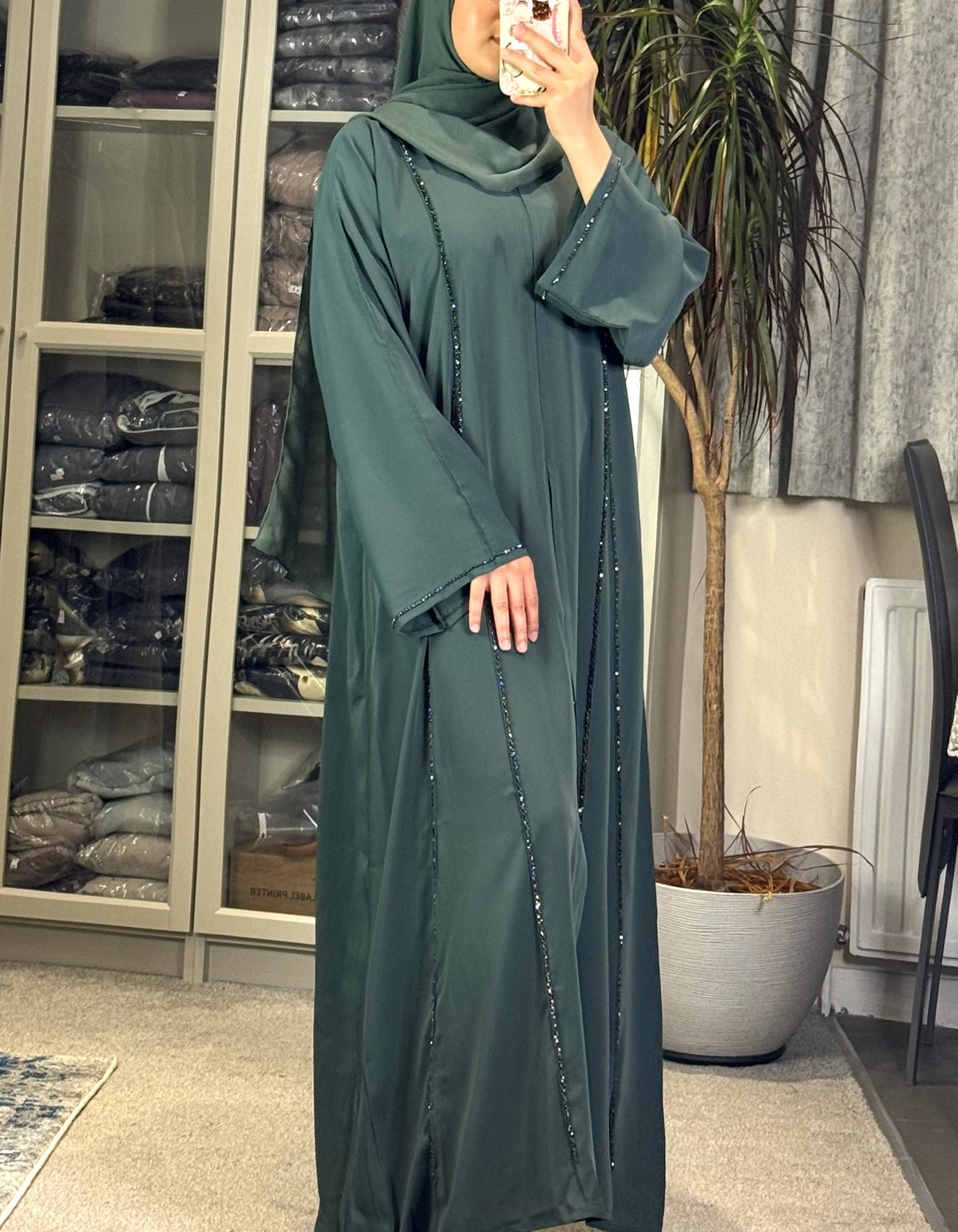 Crystal Line Abaya Set — Teal Green