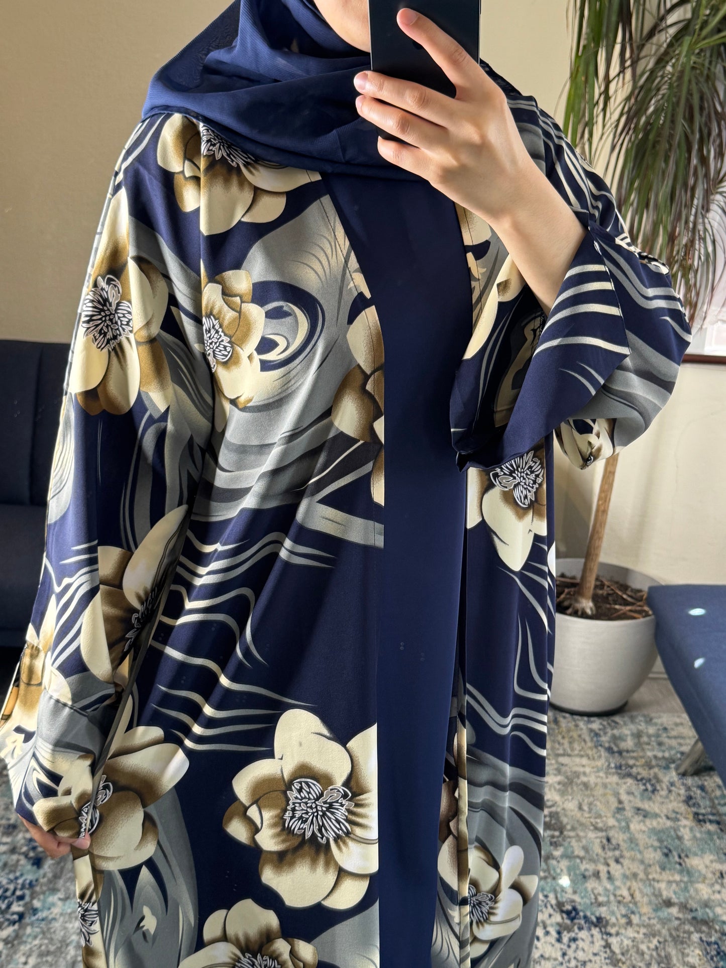Navy Floral Print Open Abaya Set with Inner, Scarf & Belt
