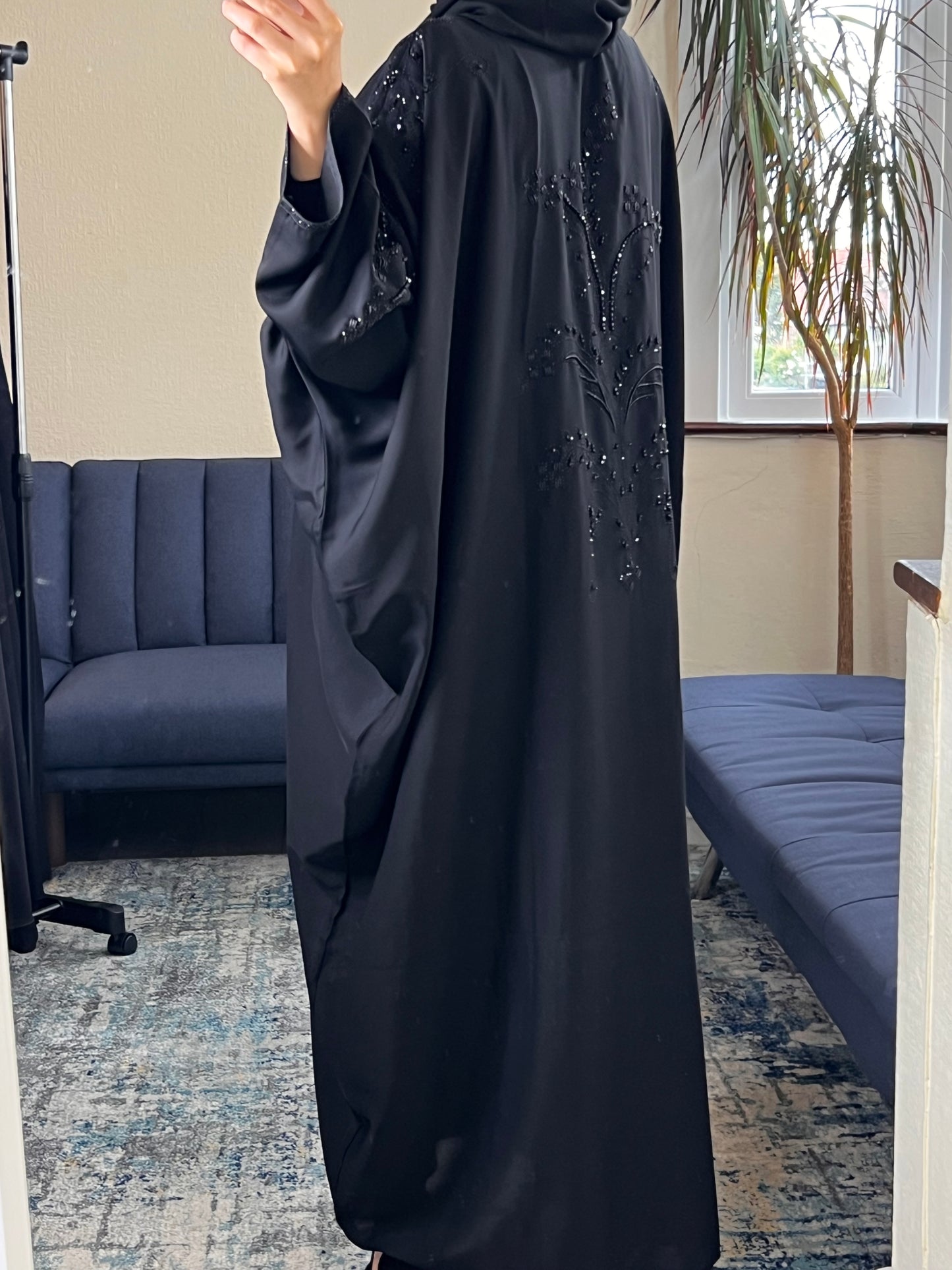 Embellished Batwing Abaya with Scarf - Black