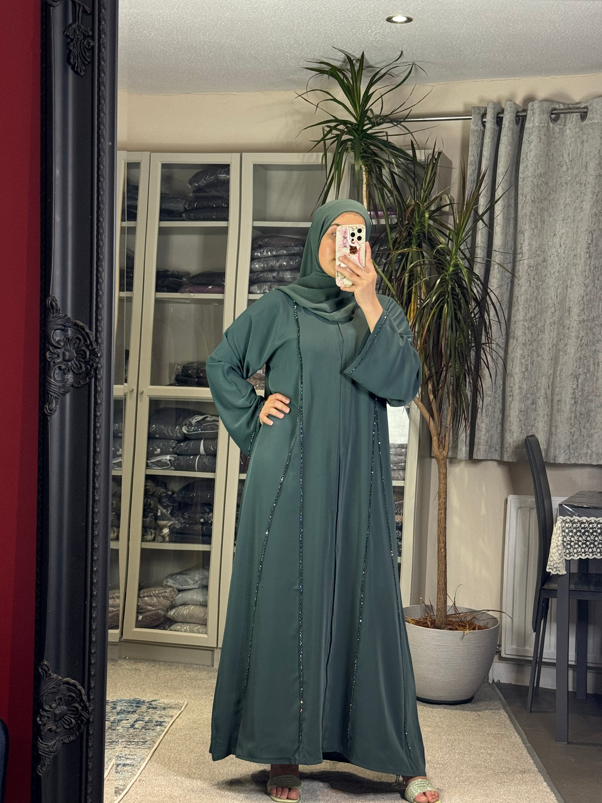Crystal Line Abaya Set — Teal Green