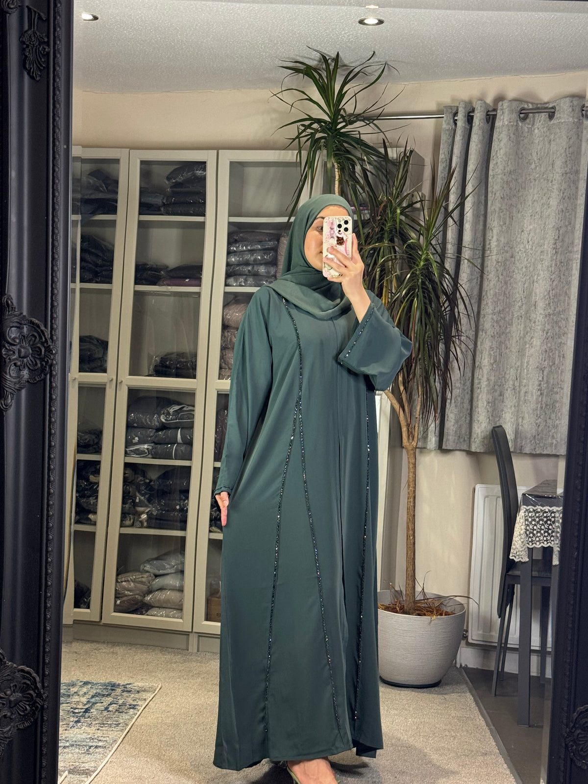 Crystal Line Abaya Set — Teal Green