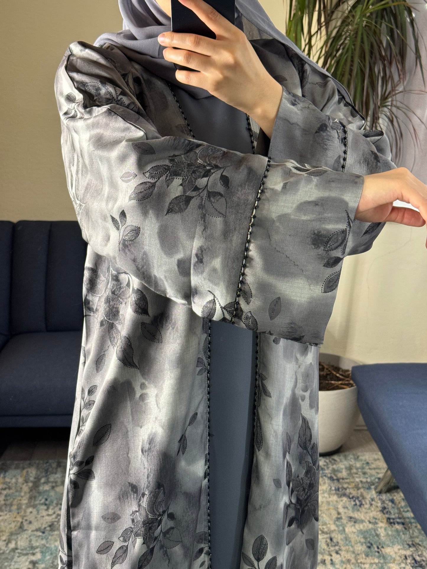 Grey Floral Satin Open Abaya Set