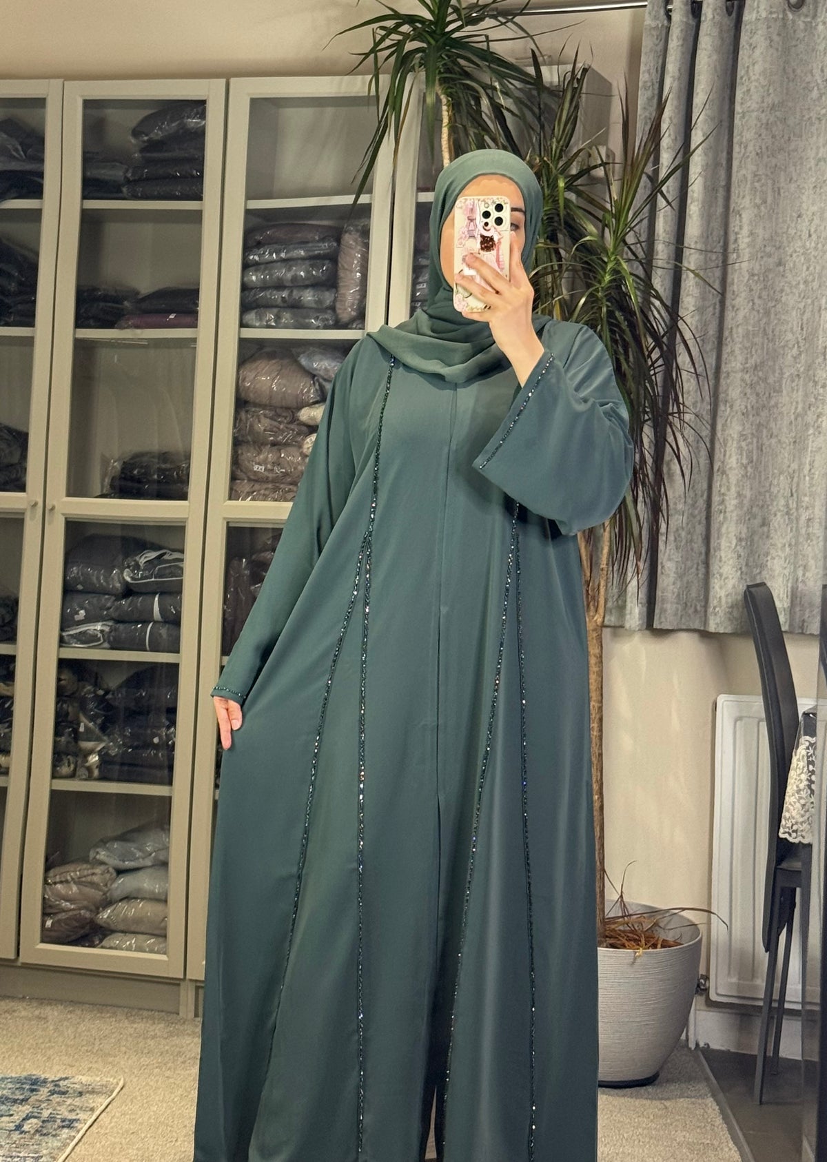 Crystal Line Abaya Set — Teal Green