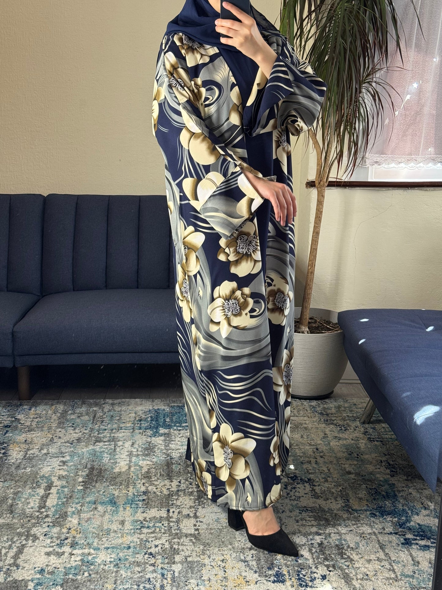 Navy Floral Print Open Abaya Set with Inner, Scarf & Belt