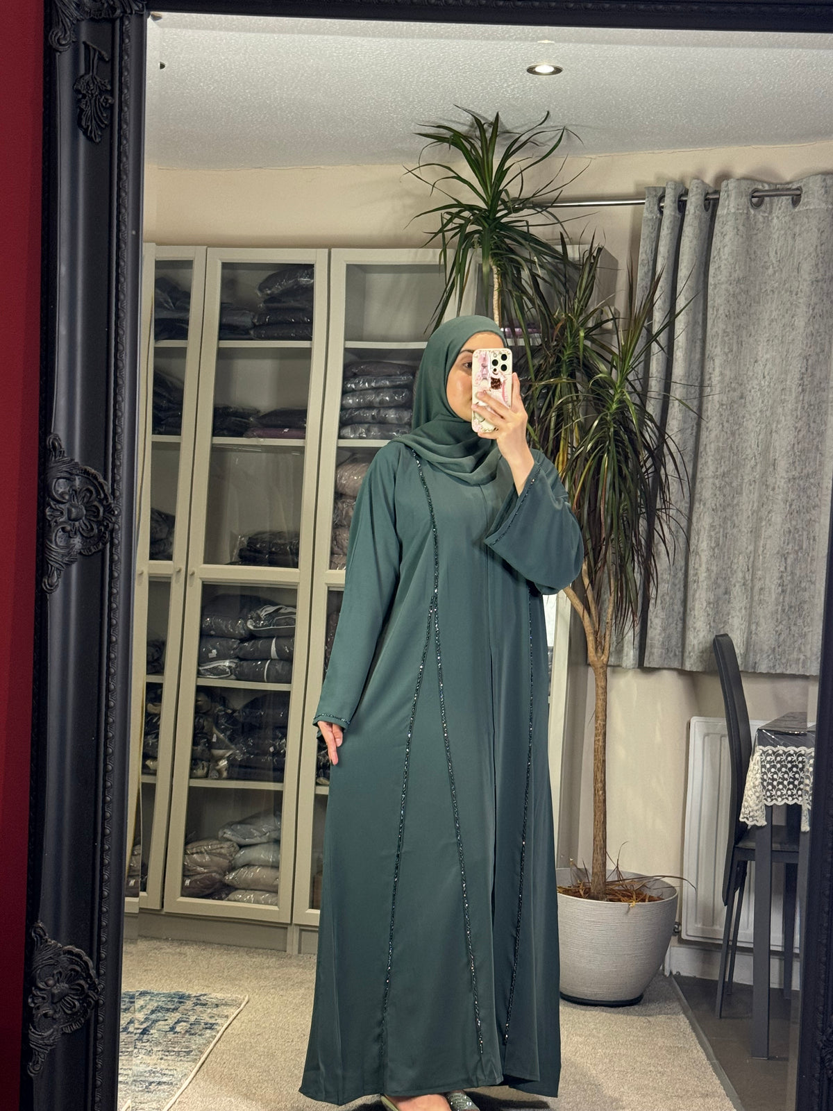 Crystal Line Abaya Set — Teal Green