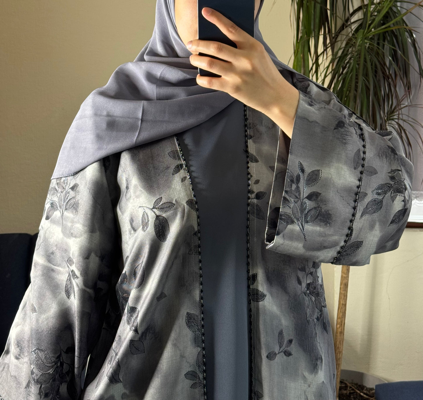 Grey Floral Satin Open Abaya Set