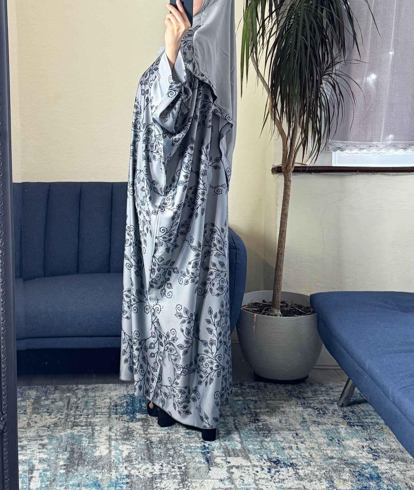 Grey Floral TikTok Fabric Abaya