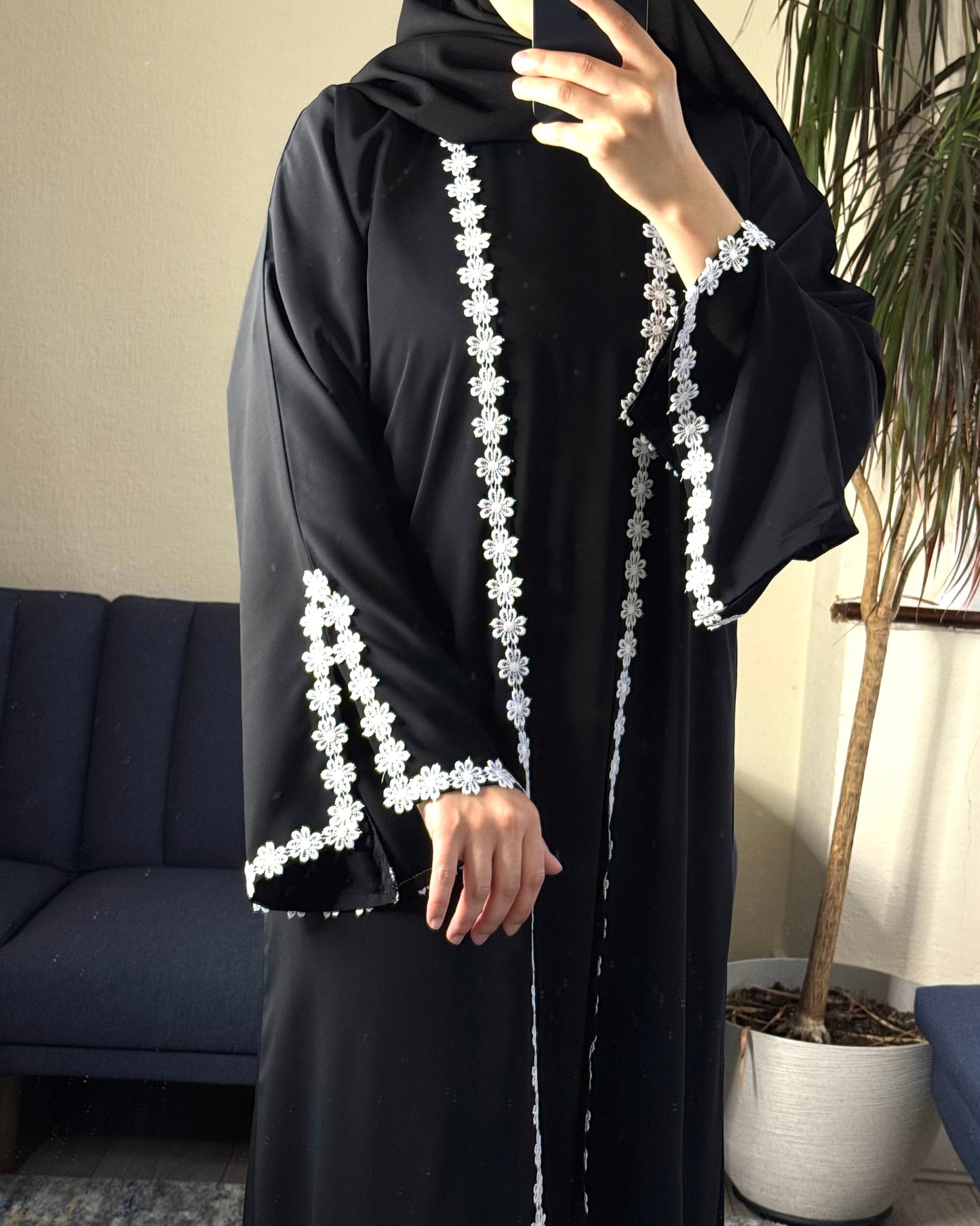 Black Nida Daisy Lace Open Abaya Set with Inner, Scarf & Belt