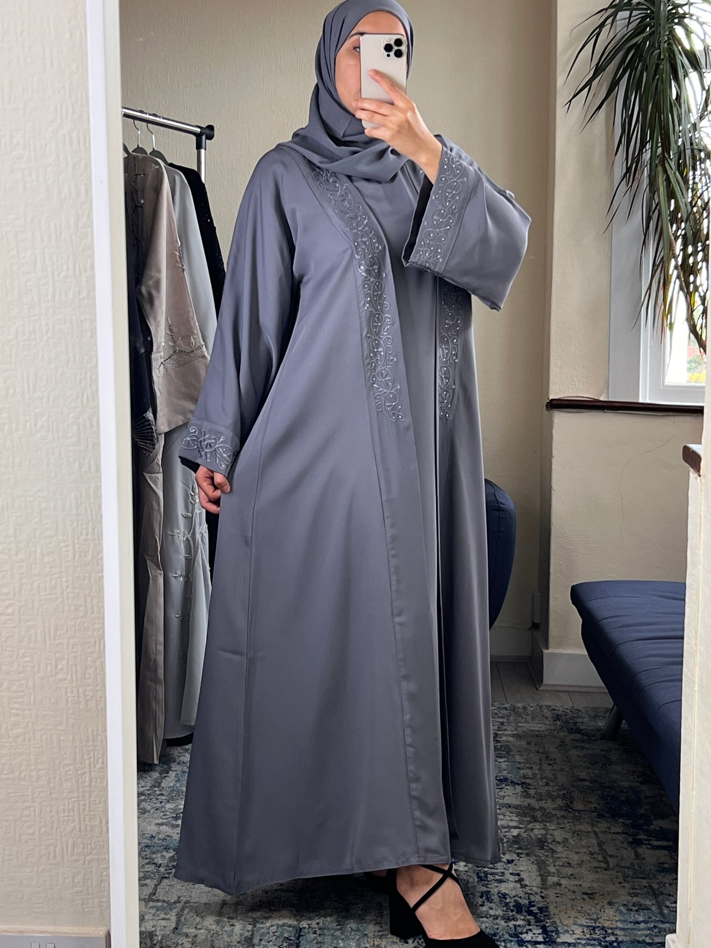 Grey Embellished Two-Piece Abaya Set
