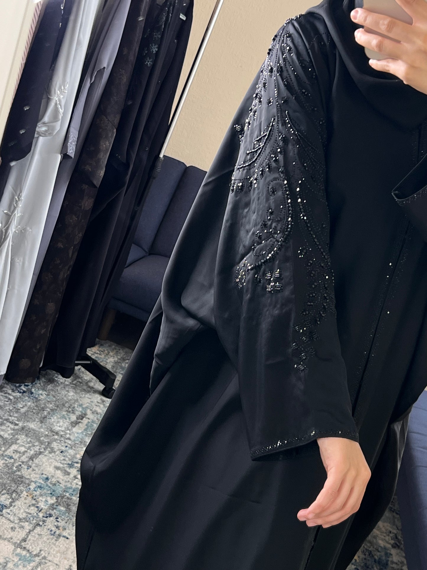 Embellished Batwing Abaya with Scarf - Black