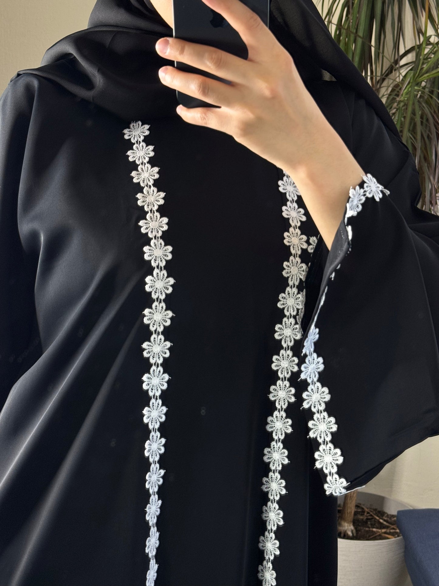 Black Nida Daisy Lace Open Abaya Set with Inner, Scarf & Belt