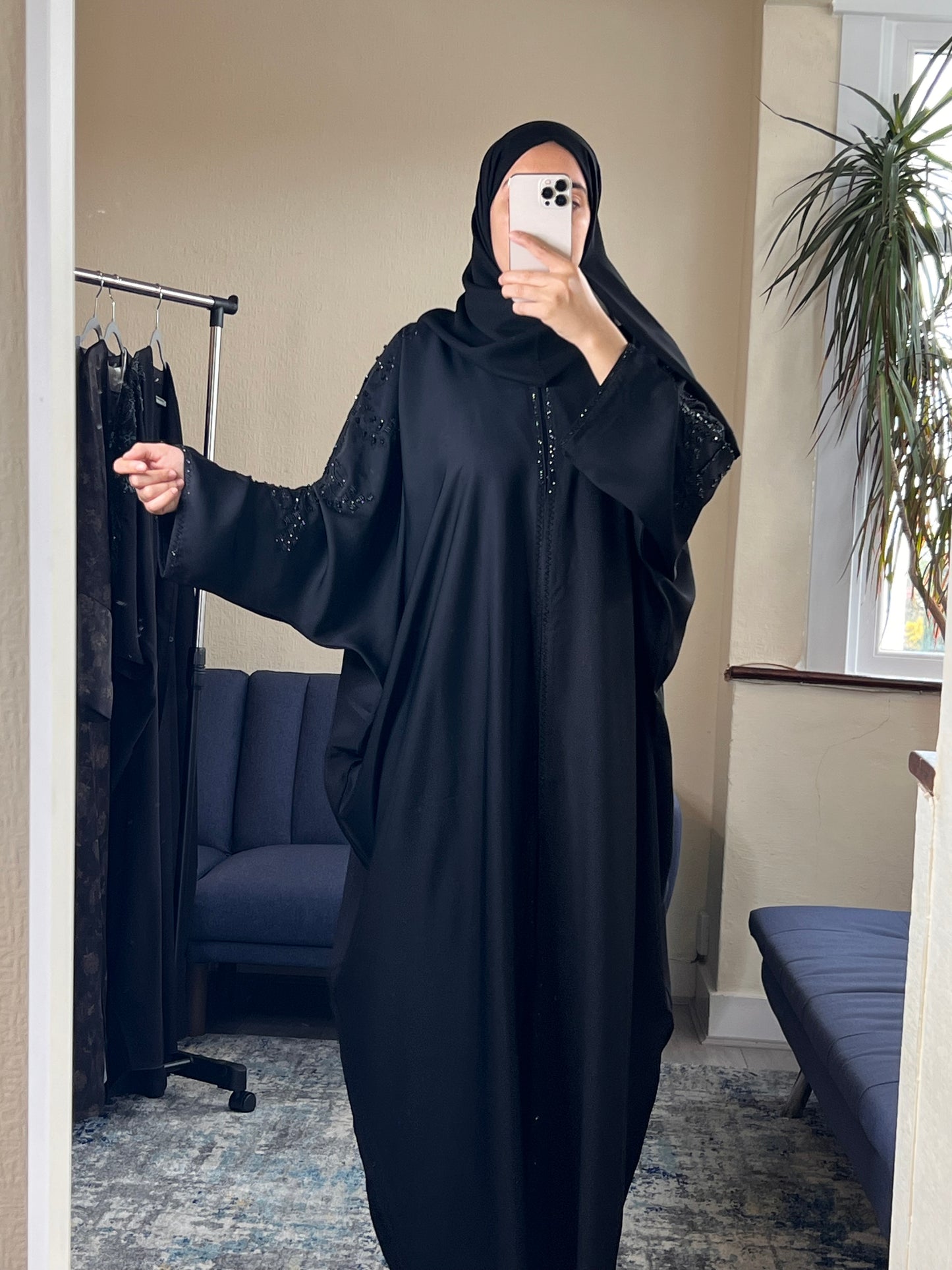 Embellished Batwing Abaya with Scarf - Black