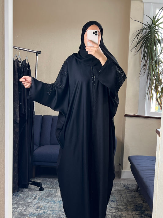 Embellished Batwing Abaya with Scarf - Black