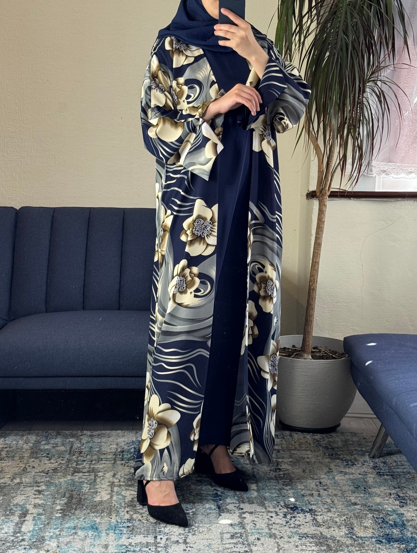 Navy Floral Print Open Abaya Set with Inner, Scarf & Belt