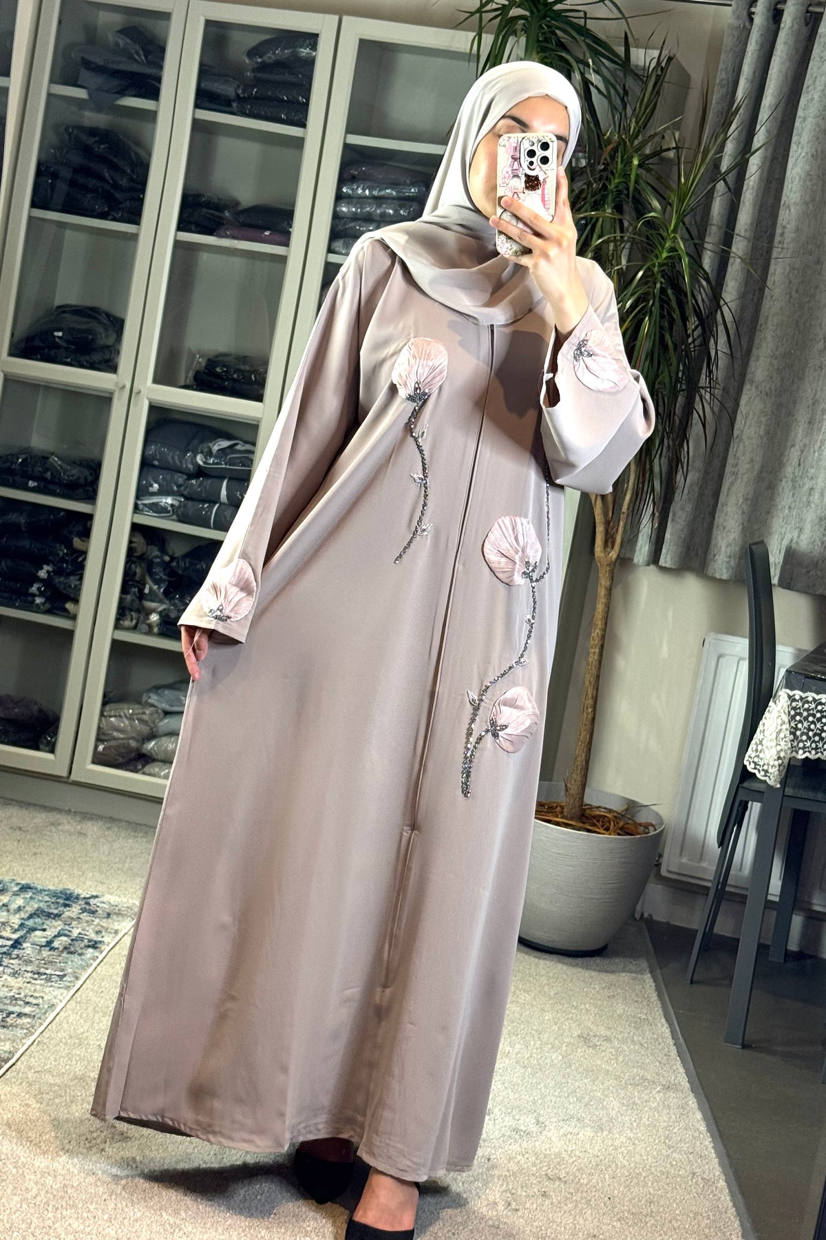 Magnolia Bloom Abaya — Warm Taupe