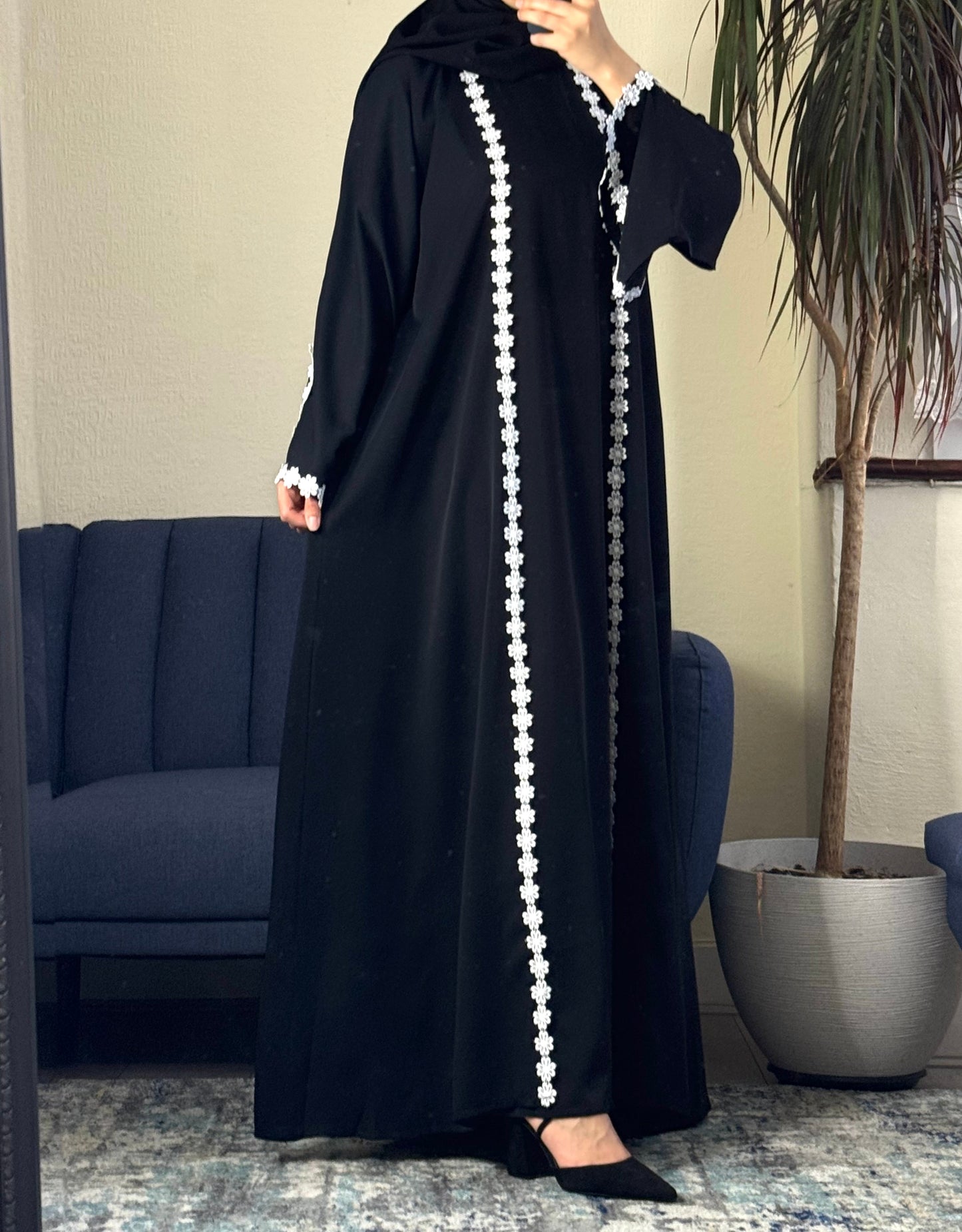 Black Nida Daisy Lace Open Abaya Set with Inner, Scarf & Belt