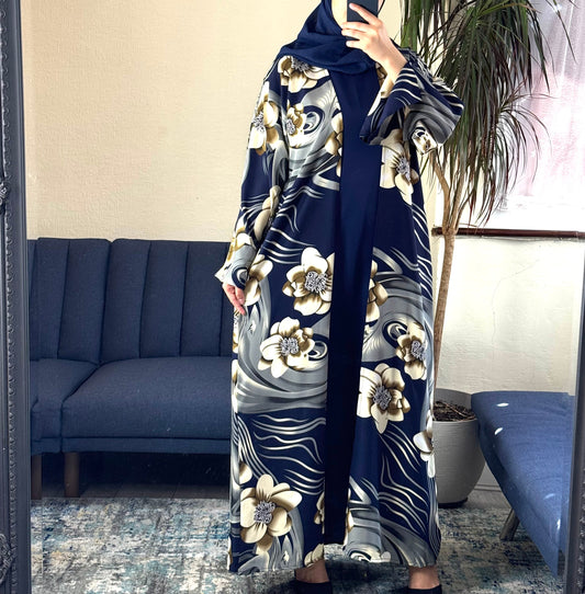 Navy Floral Print Open Abaya Set with Inner, Scarf & Belt