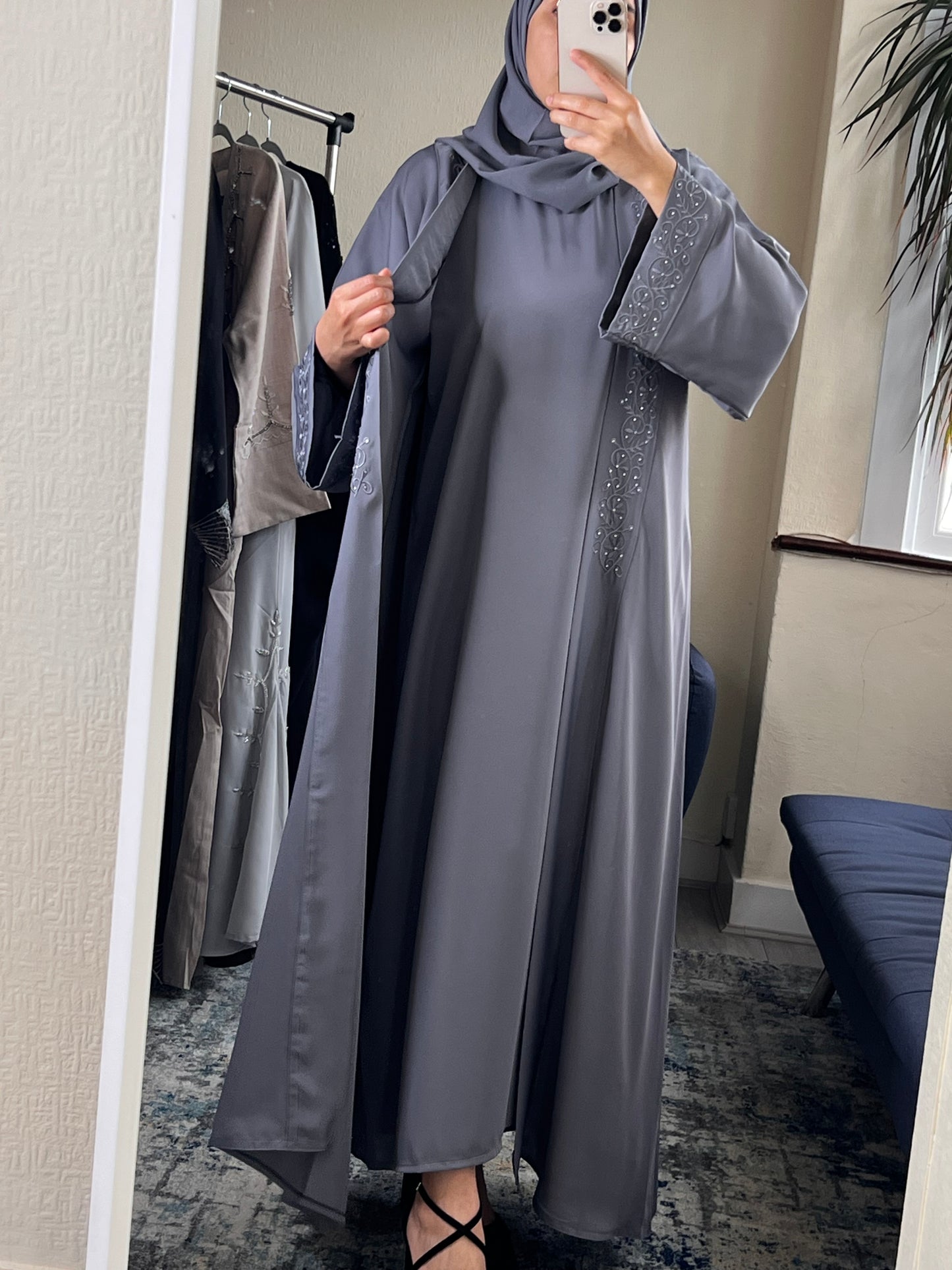 Grey Embellished Two-Piece Abaya Set