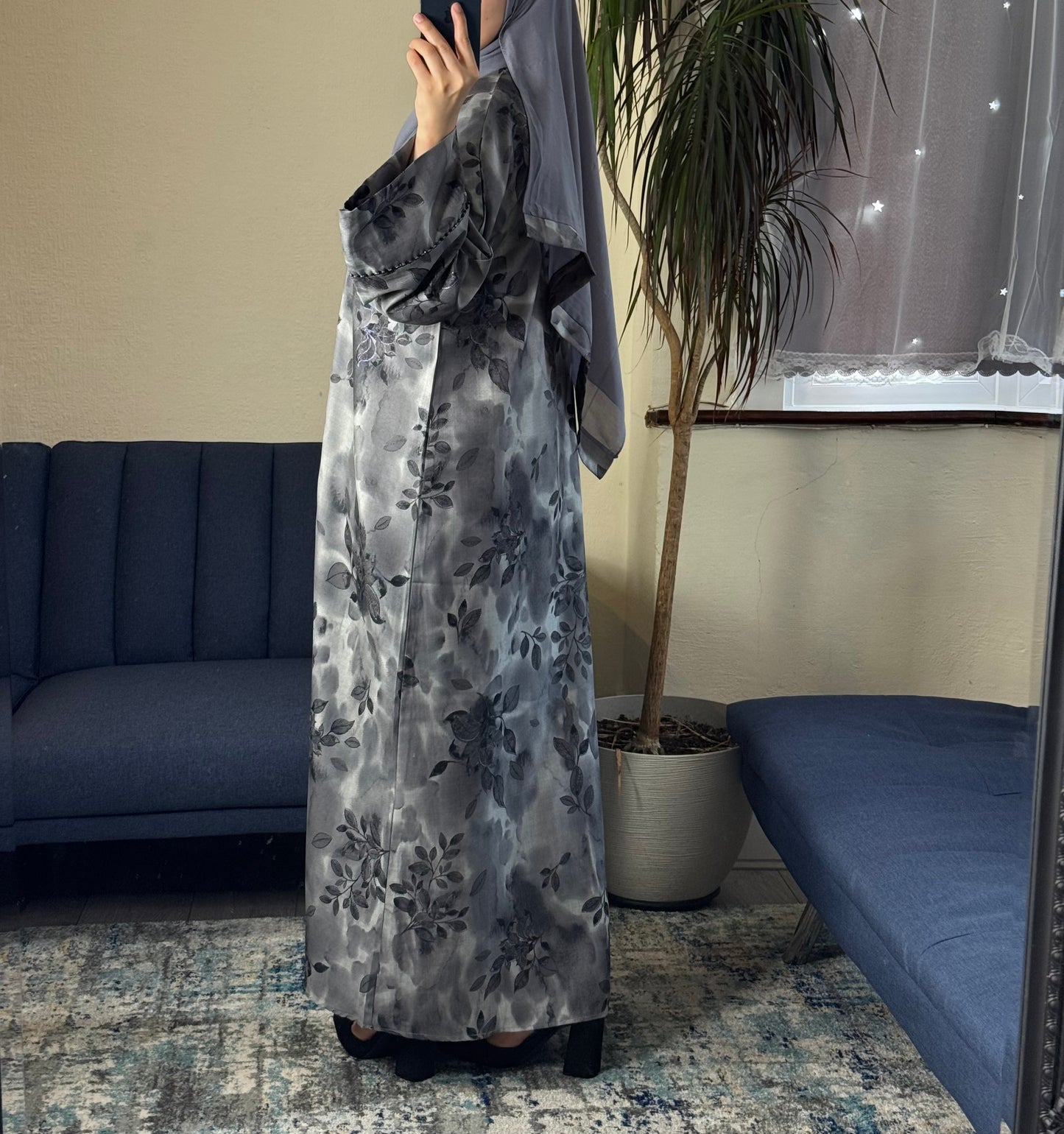 Grey Floral Satin Open Abaya Set
