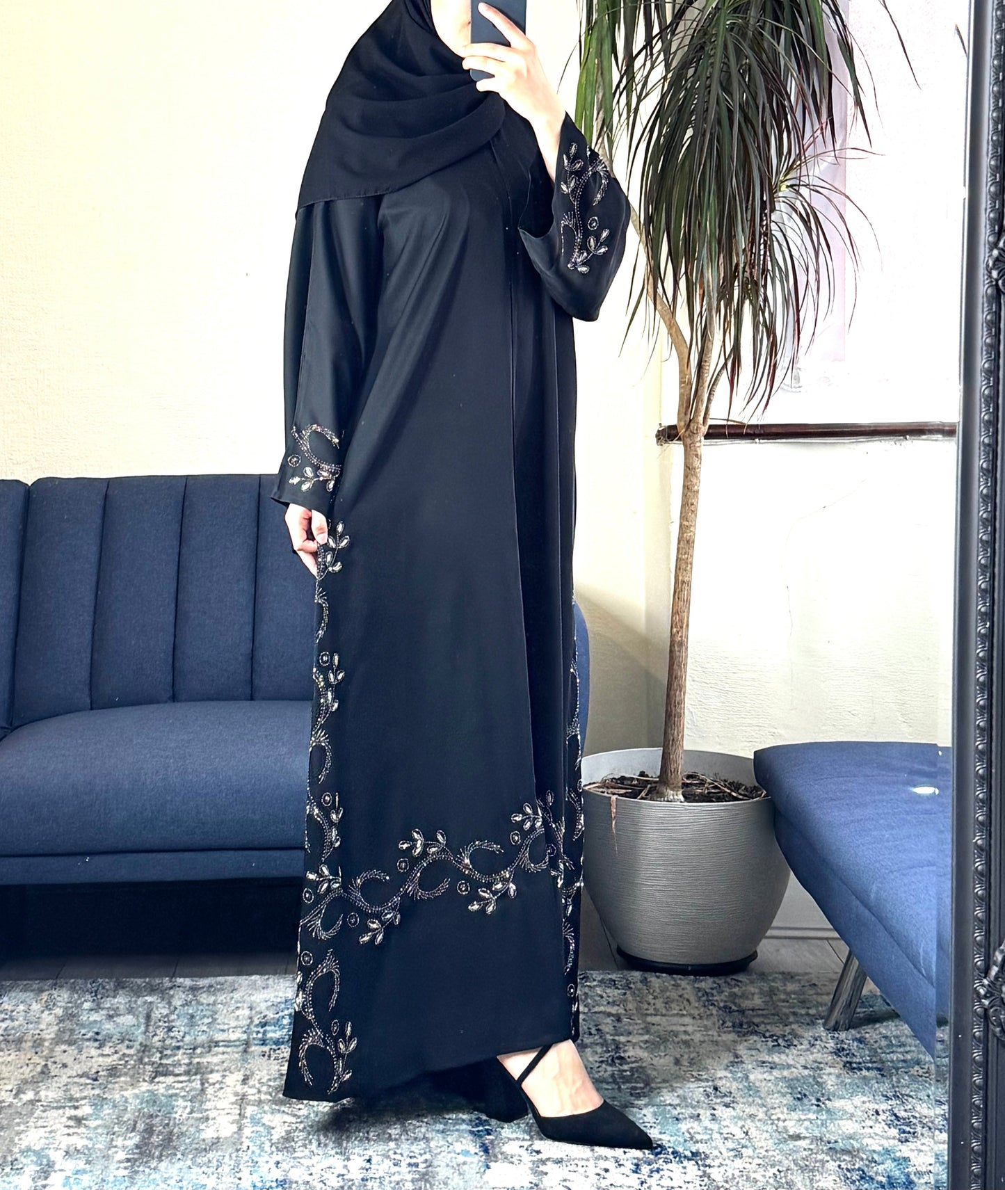 Black Embellished Abaya with Matching Scarf