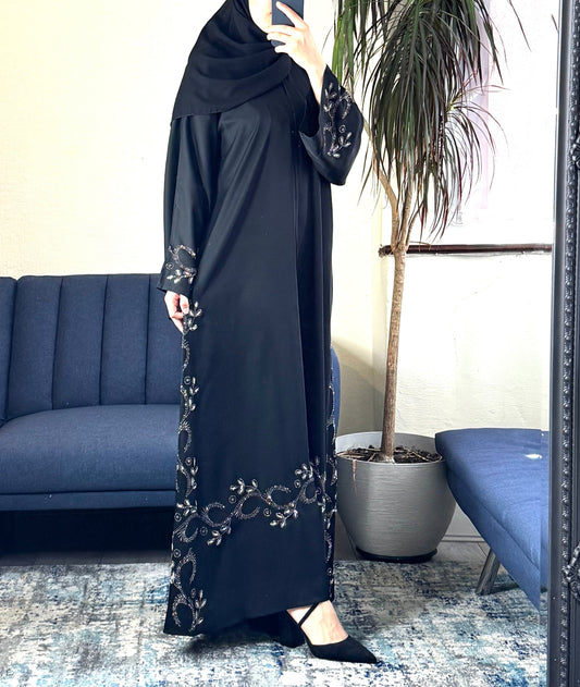 Black Embellished Abaya with Matching Scarf