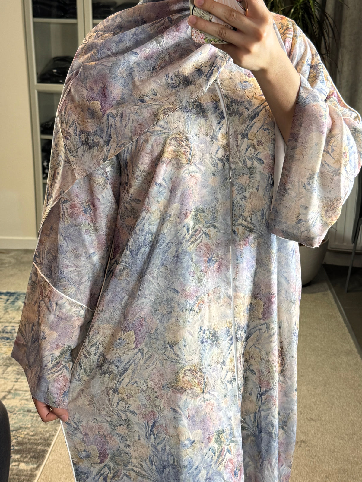 Botanical Dream Open Abaya Set — Dusty Blue Floral