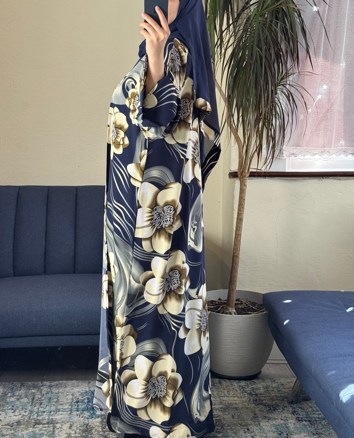 Navy Floral Print Open Abaya Set with Inner, Scarf & Belt