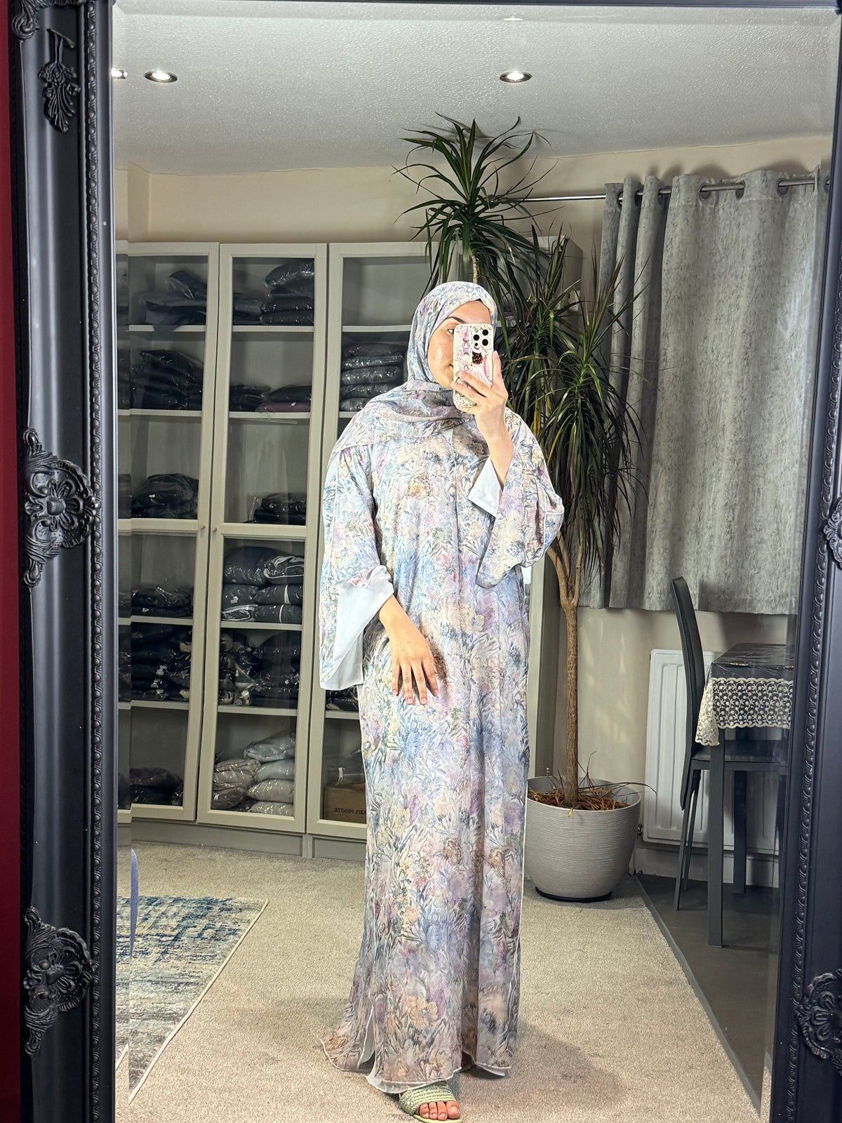 Botanical Dream Open Abaya Set — Dusty Blue Floral