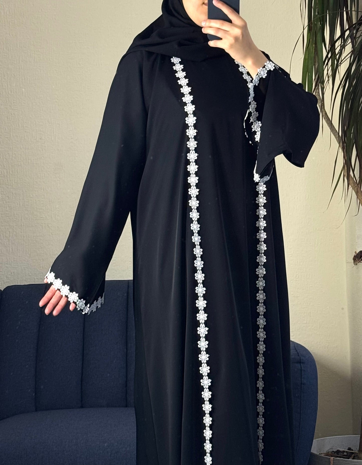 Black Nida Daisy Lace Open Abaya Set with Inner, Scarf & Belt