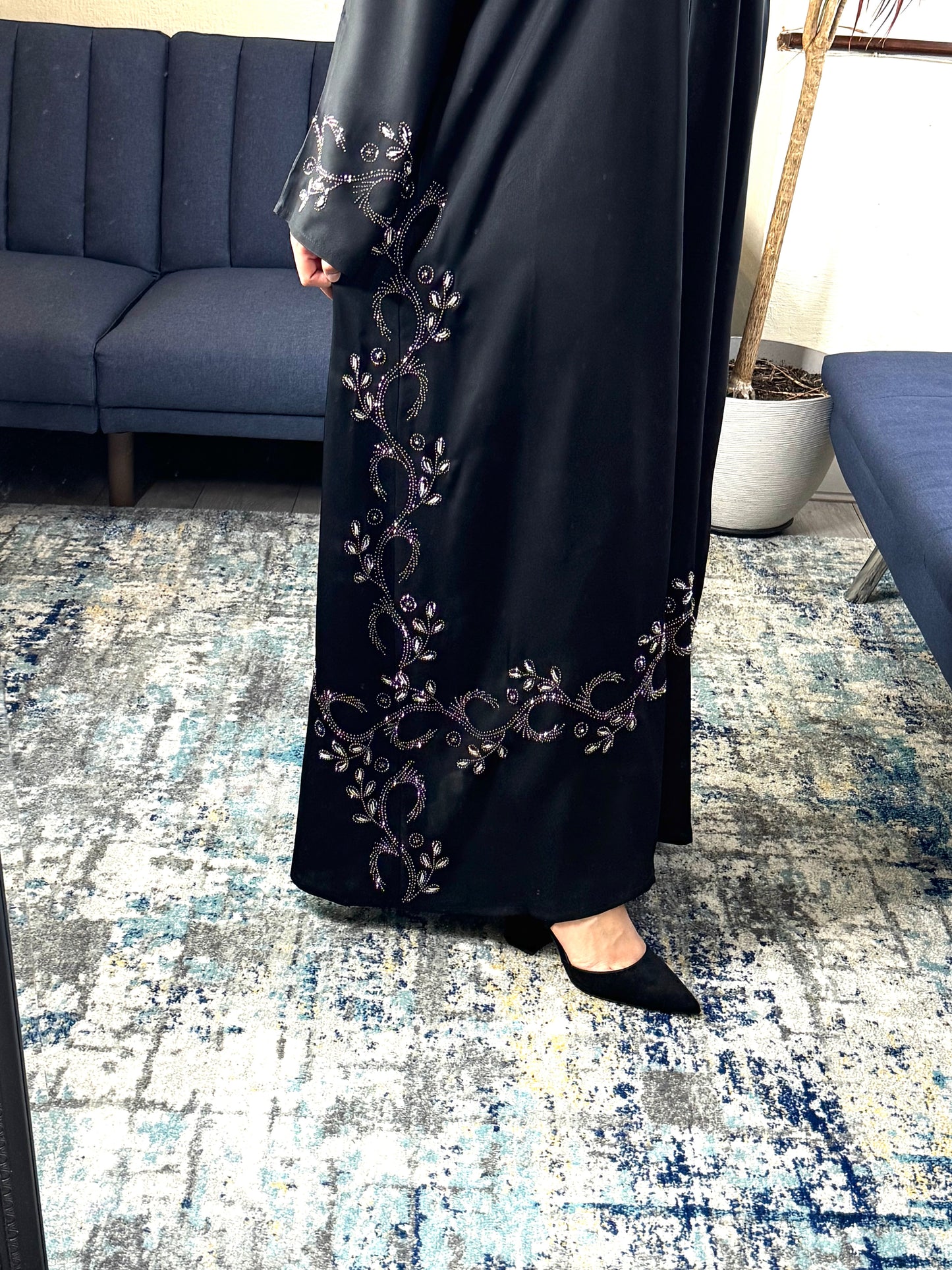 Black Embellished Abaya with Matching Scarf